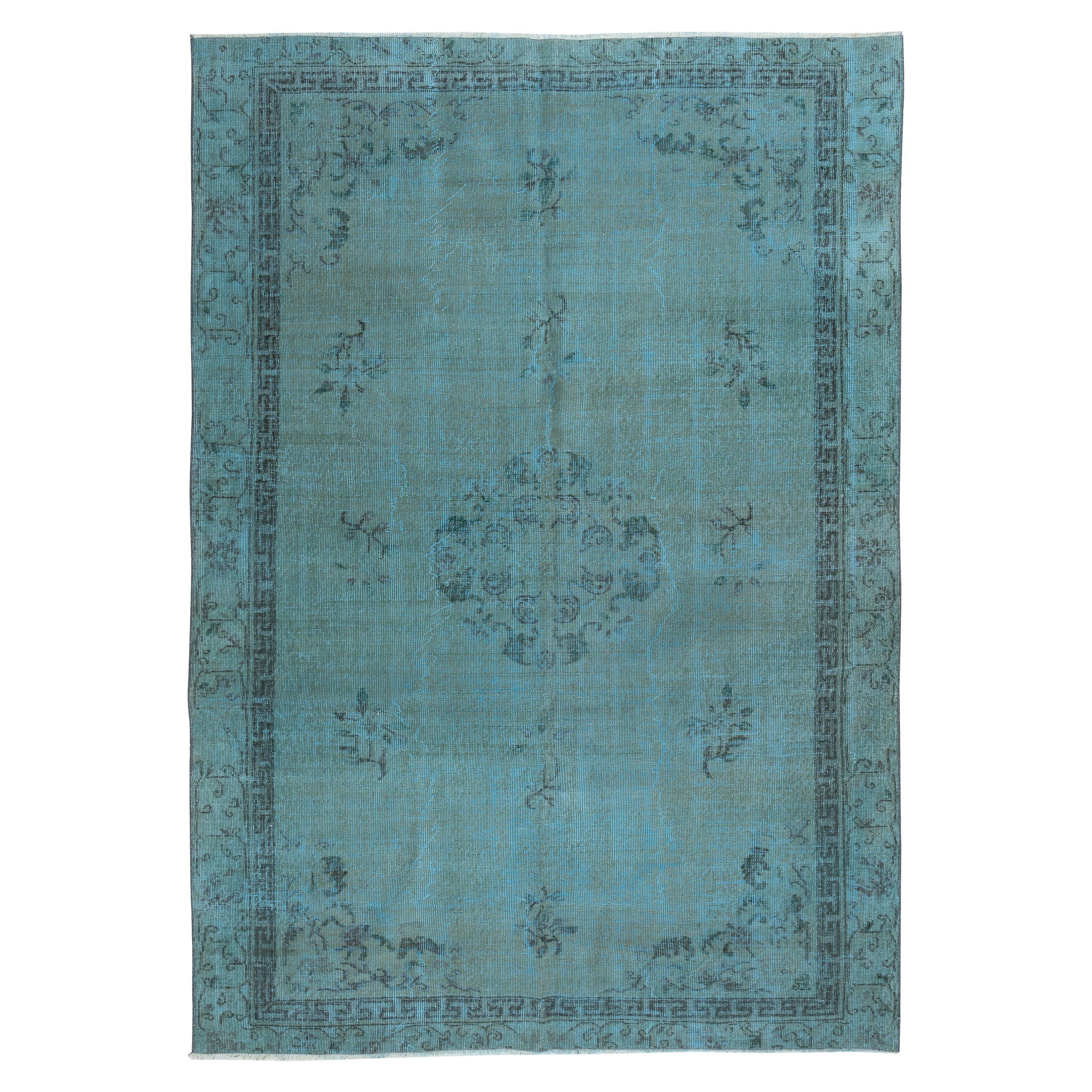 6.3x9 Ft Chinese Art Deco Design Area Rug in Teal Blue. Hand-knotted in Turkey For Sale