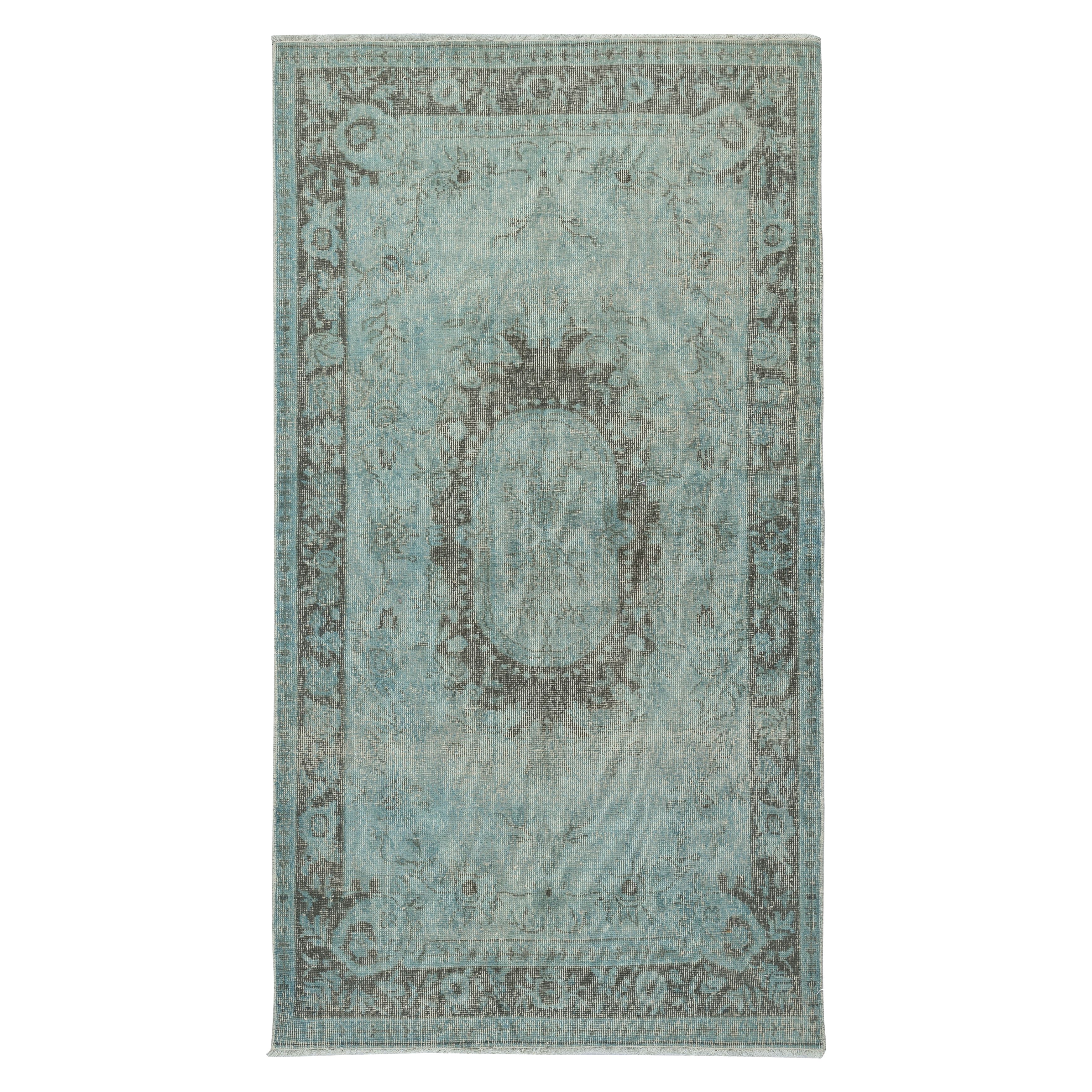 3.7x6.7 Ft Blue Color Overdyed Handmade Turkish Small Rug with Baroque Design (Tapis turc surteint à la main avec design baroque)
