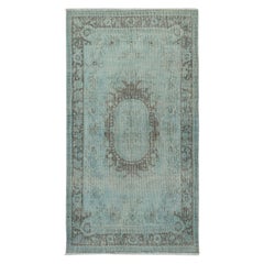3.7x6.7 Ft Blauer überzogener handgefertigter türkischer kleiner Teppich mit Barockdesign, handgefertigt