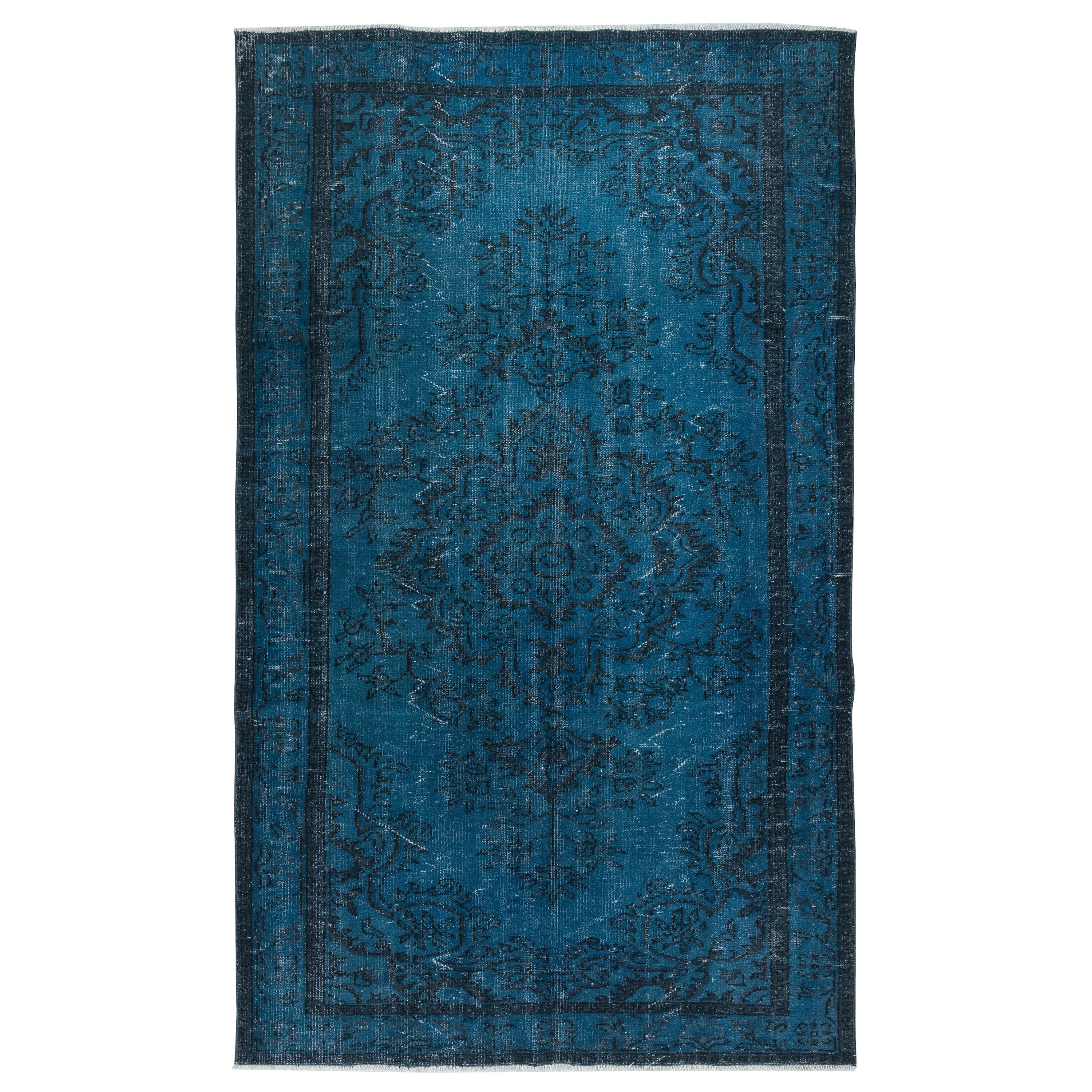 5.8x9.5 Ft Vintage Turkish Area Rug redyed in Blue Color for modern interiors