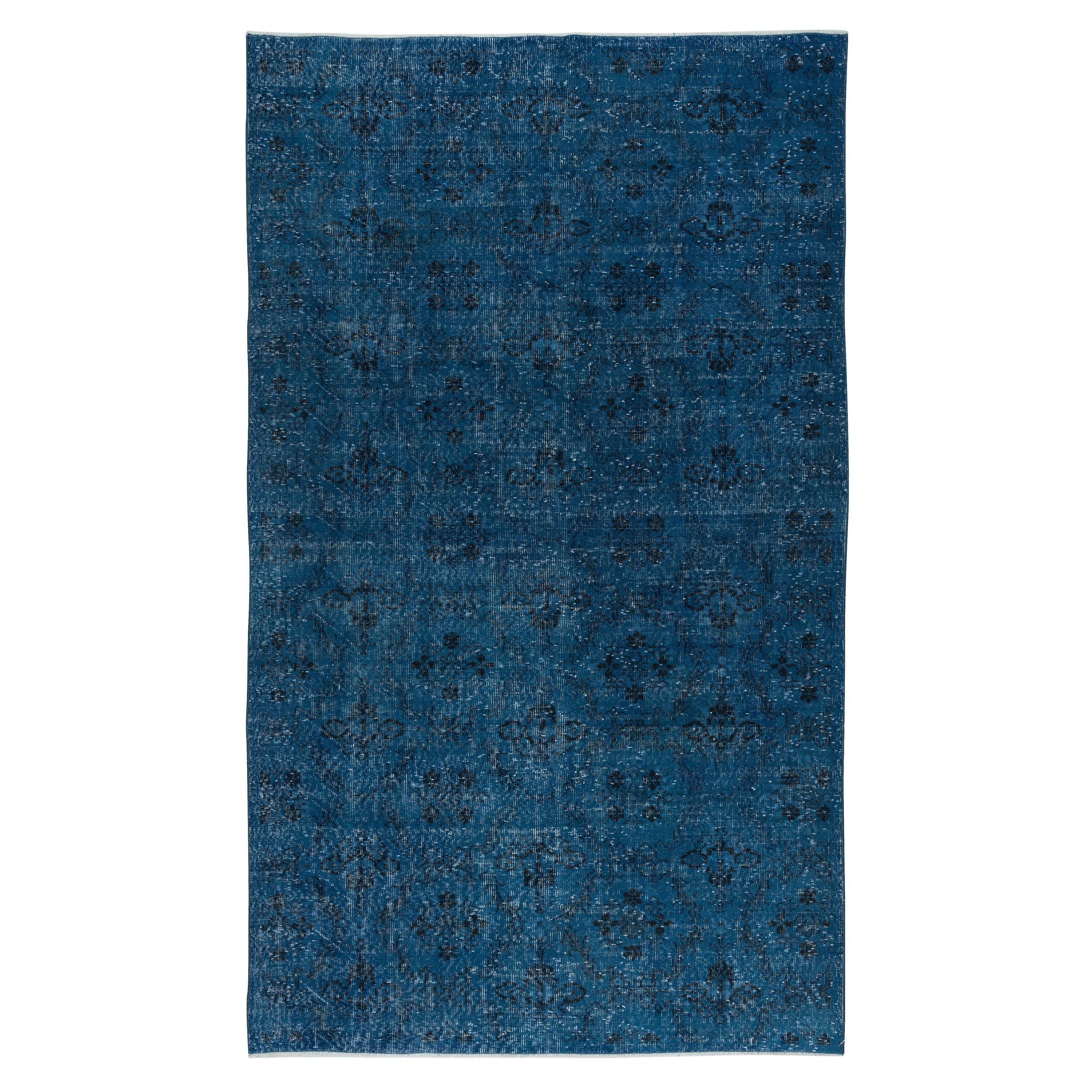 5.7x9.7 Ft Vintage Turkish Area Rug redyed in Blue Color for modern interiors