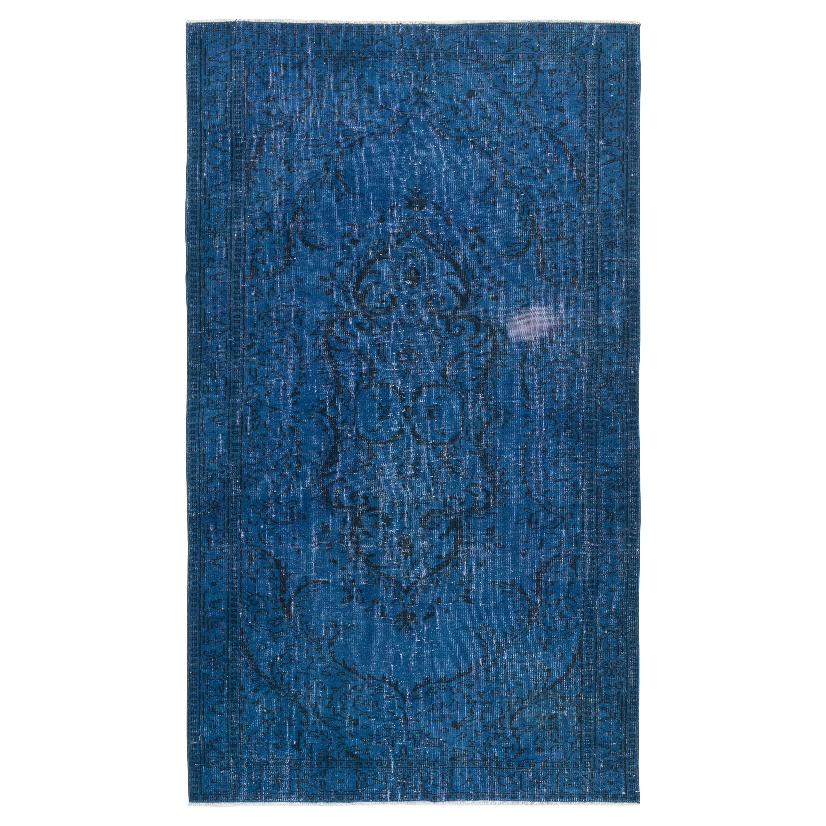 5.2x8.7 Ft Shabby Chic Vintage Handmade Turkish Area Rug Over-Dyed in Blue Color