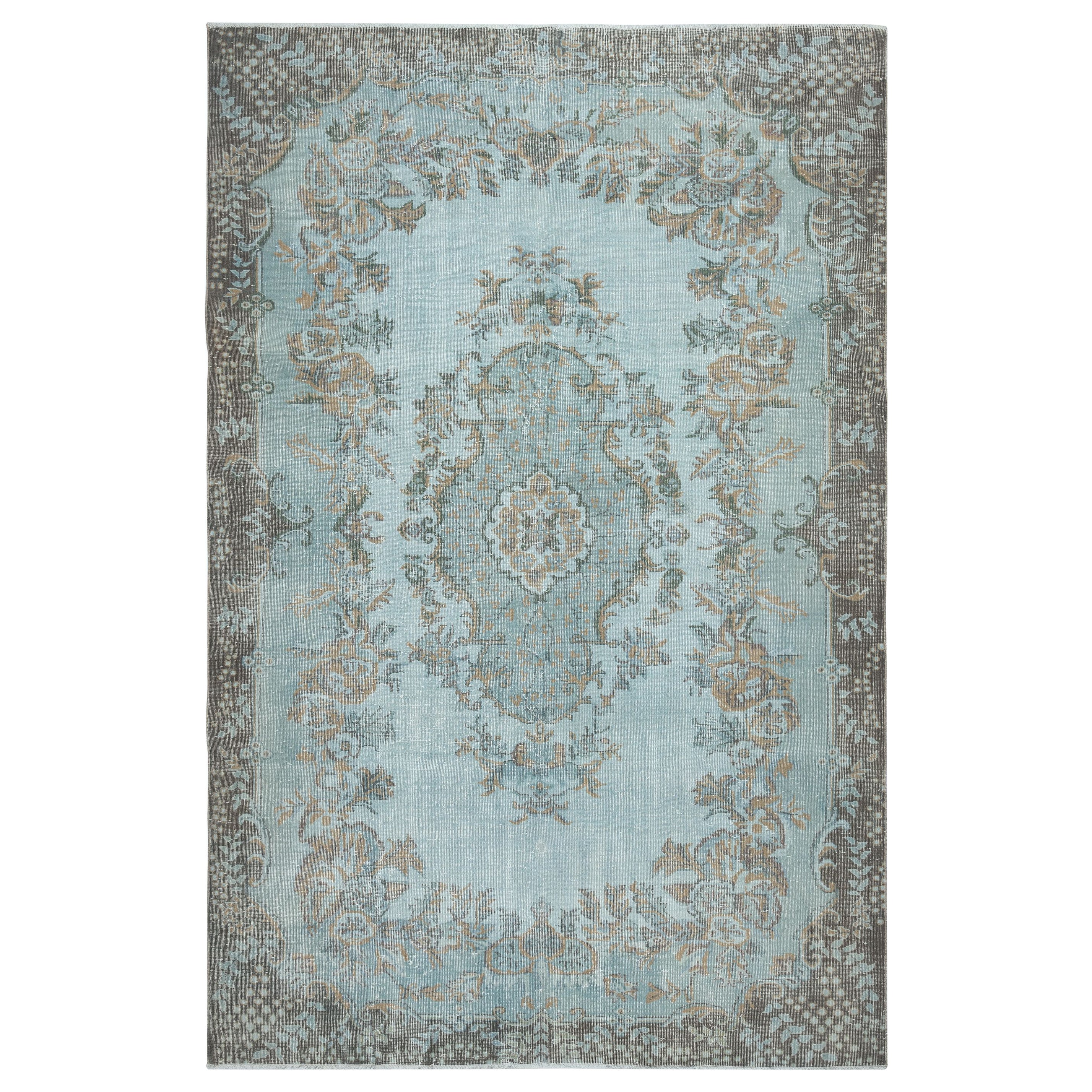 6.8x10.4 Ft Hand Knotted Light Blue Color Rug, Medallion Design Turkish Carpet