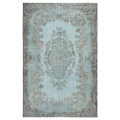 Tappeto turco 6.8x10.4 Ft annodato a mano di colore blu chiaro, design a medaglione