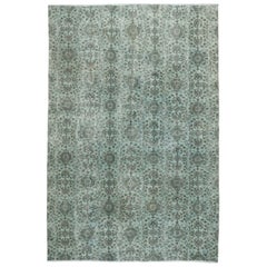 7x10.4 Ft Overdyed-Teppich aus Wolle in Hellblau. Großer moderner Teppich im floralen Design