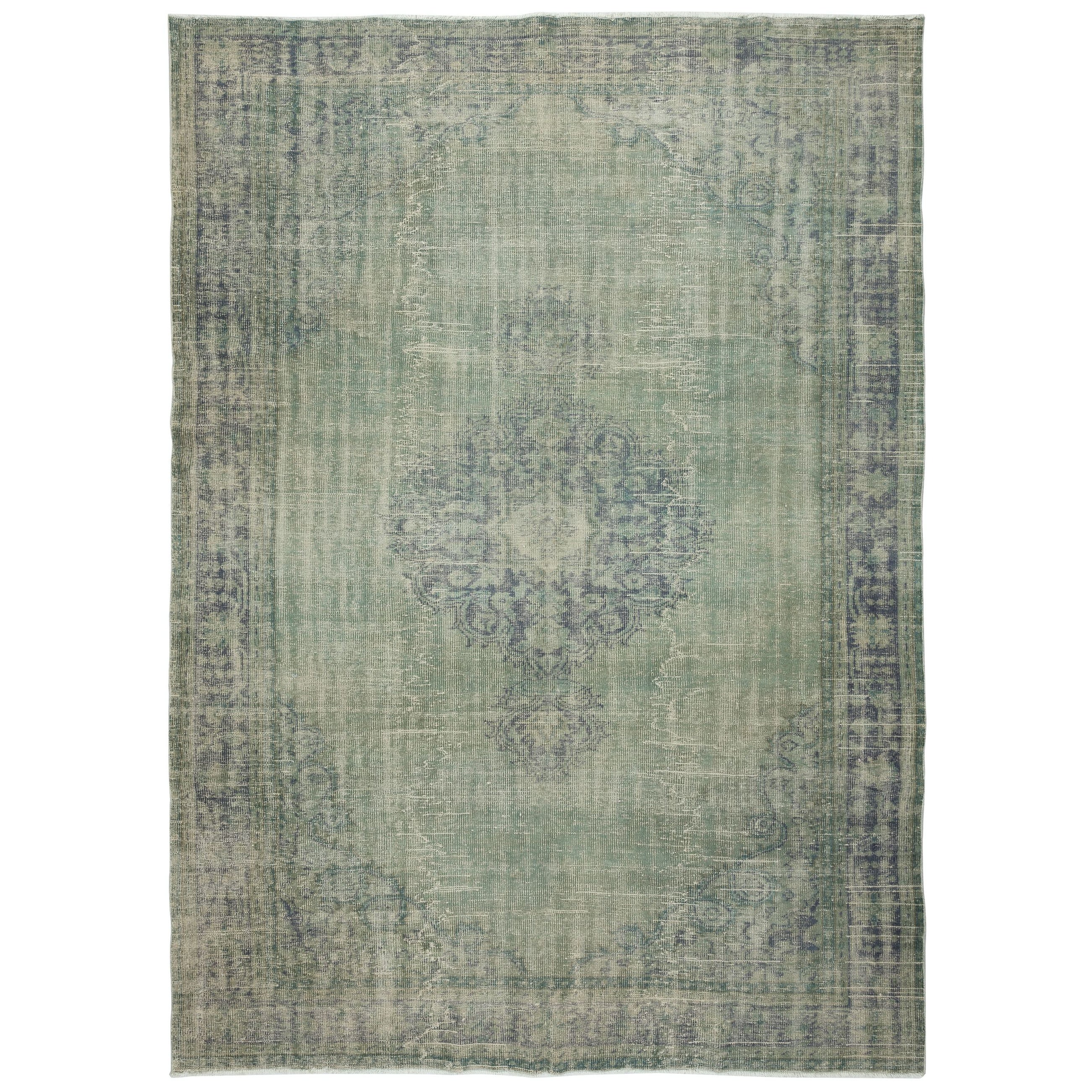 7.4x10.5 Ft Handmade Blue Color Turkish Wool Area Rug, Modern Living Room Carpet
