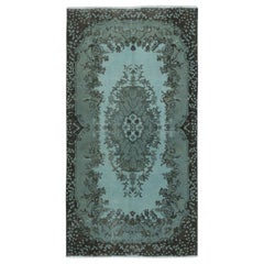Tappeto d'accento turco moderno antibatterico fatto a mano e tinto in blu 3.7x7 Ft