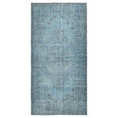 Tappeto turco fatto a mano di colore blu chiaro 4,5x9,5 Ft per interni contemporanei