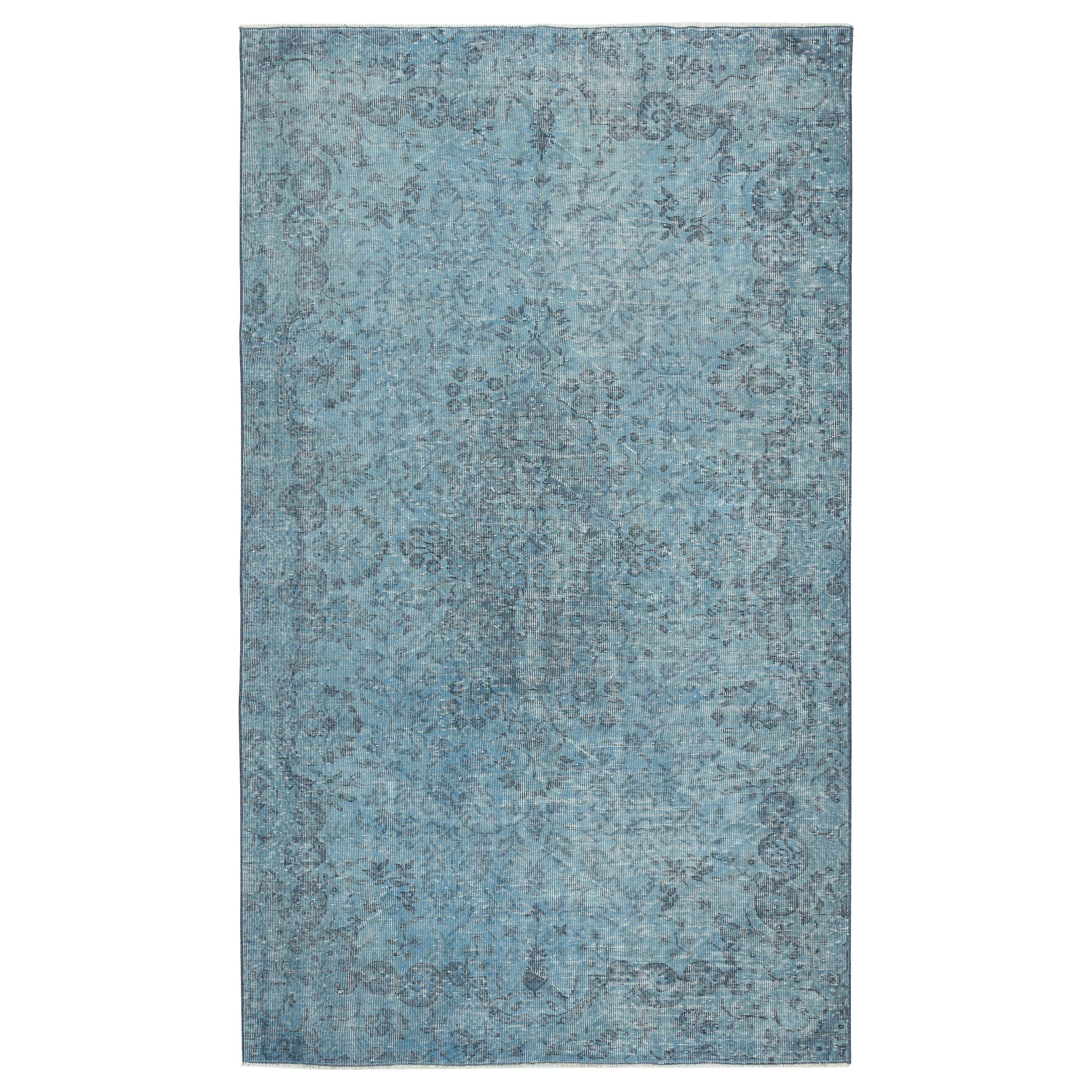 5.3x9 Ft Contemporary Handmade Turkish Wool Area Rug Over-Dyed in Blue Color