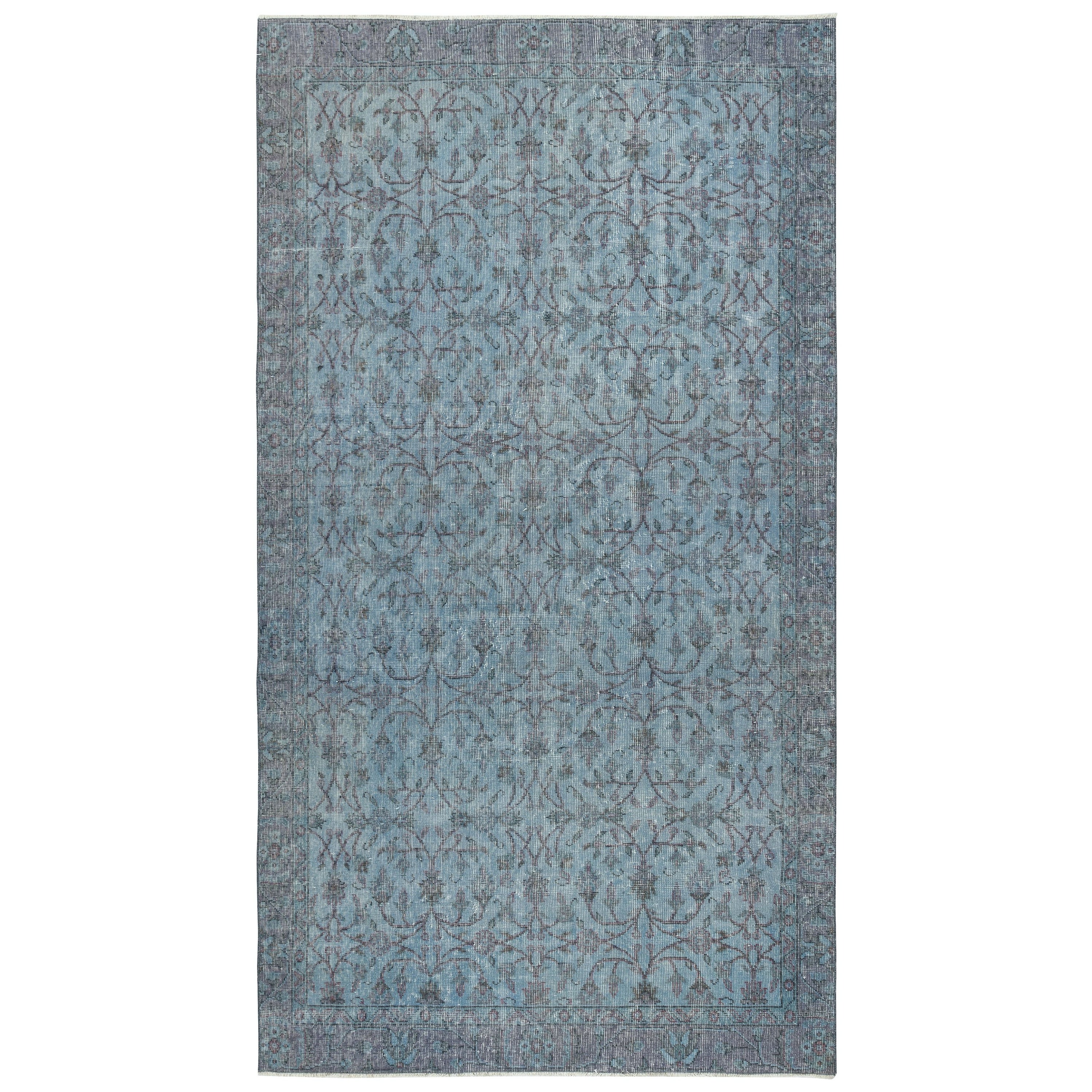 Alfombra turca contemporánea de color azul con diseño floral, hecha a mano, de 5,3 x 9,5 pies