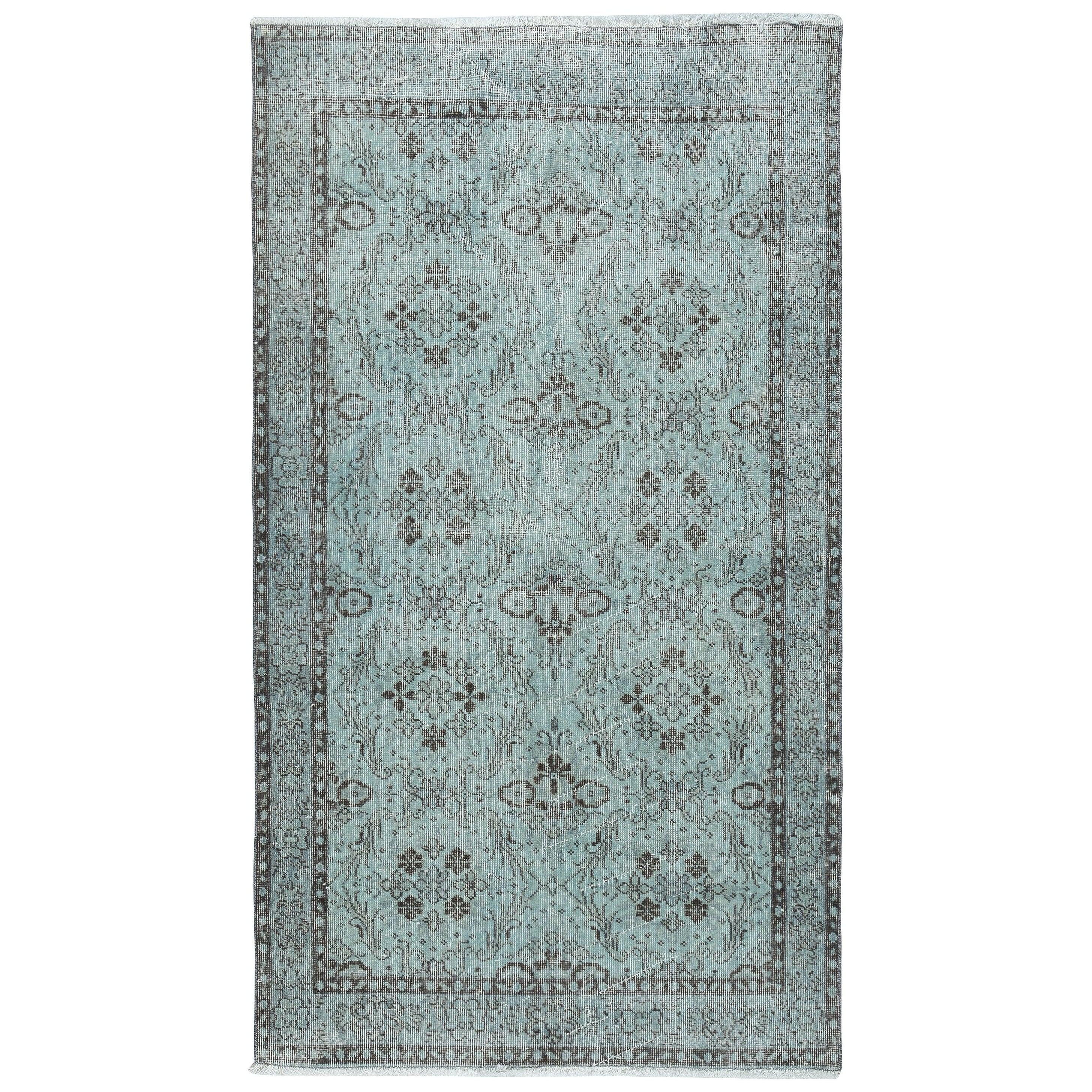 Alfombra azul claro de 4x6,8 pies con diseño floral. Anudado a mano en Turquía