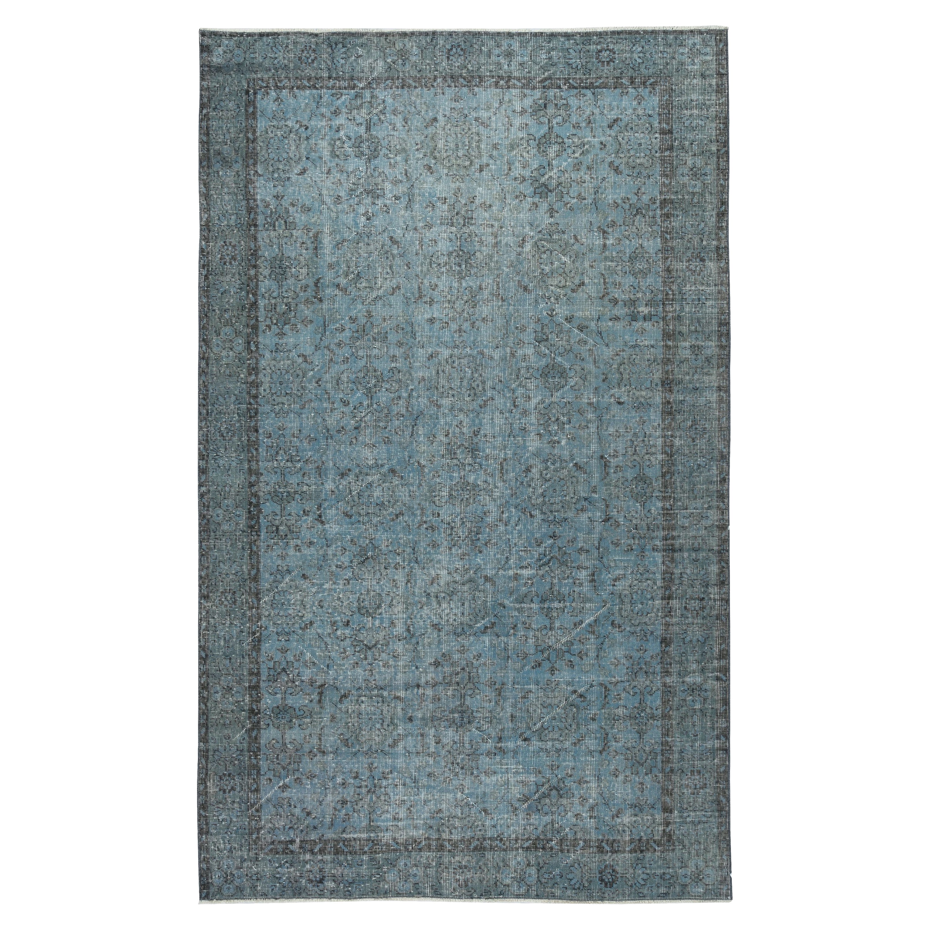 6x9.6 Ft Vintage Turkish Area Rug redyed in Blue Color for modern interiors