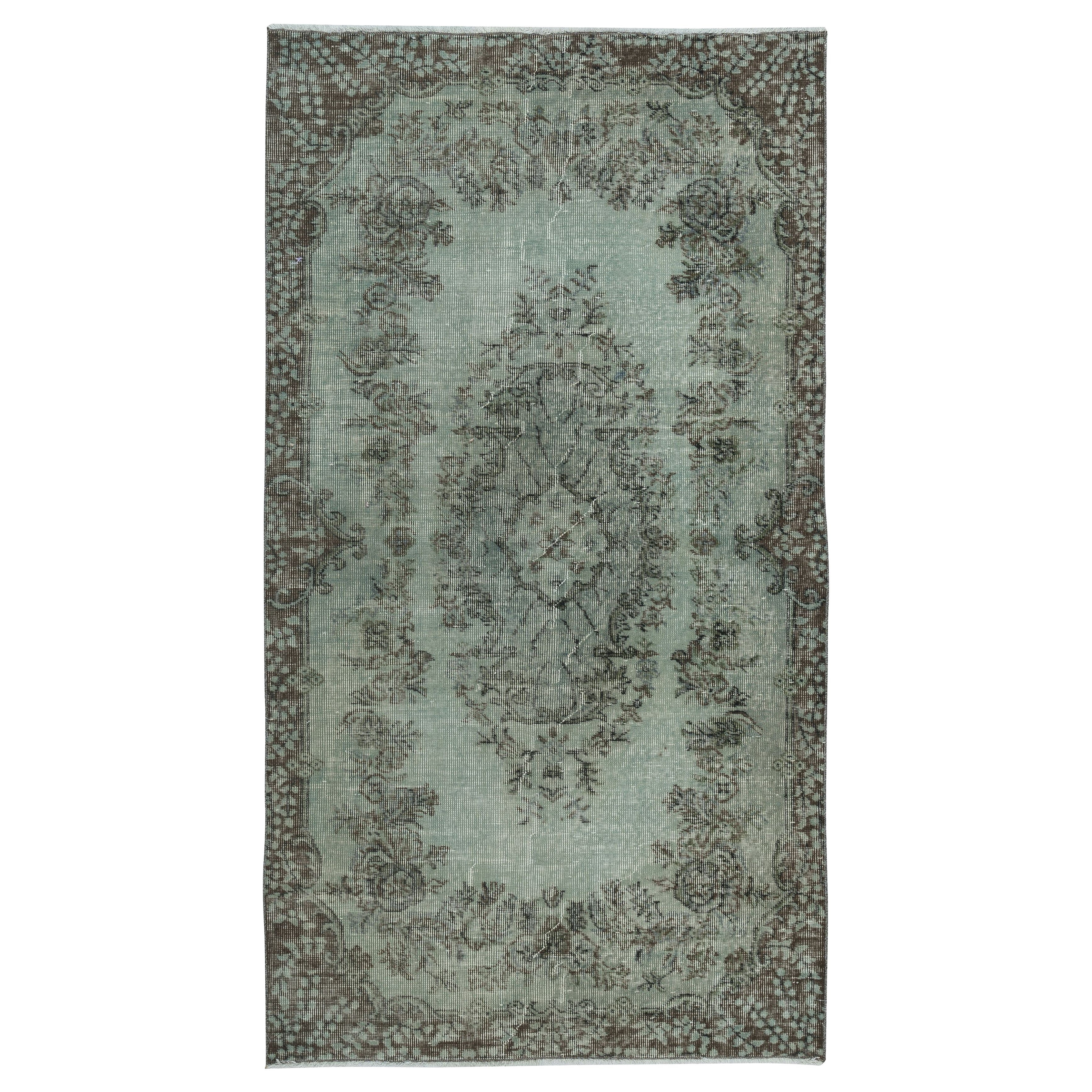 3.8x6.8 Ft Light Blue Over-Dyed Handmade Turkish Small Rug with Medallion Design For Sale