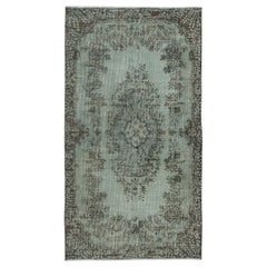 3,8x6,8 Ft Tappeto turco di piccole dimensioni fatto a mano e sovratinto di blu chiaro con disegno a medaglione