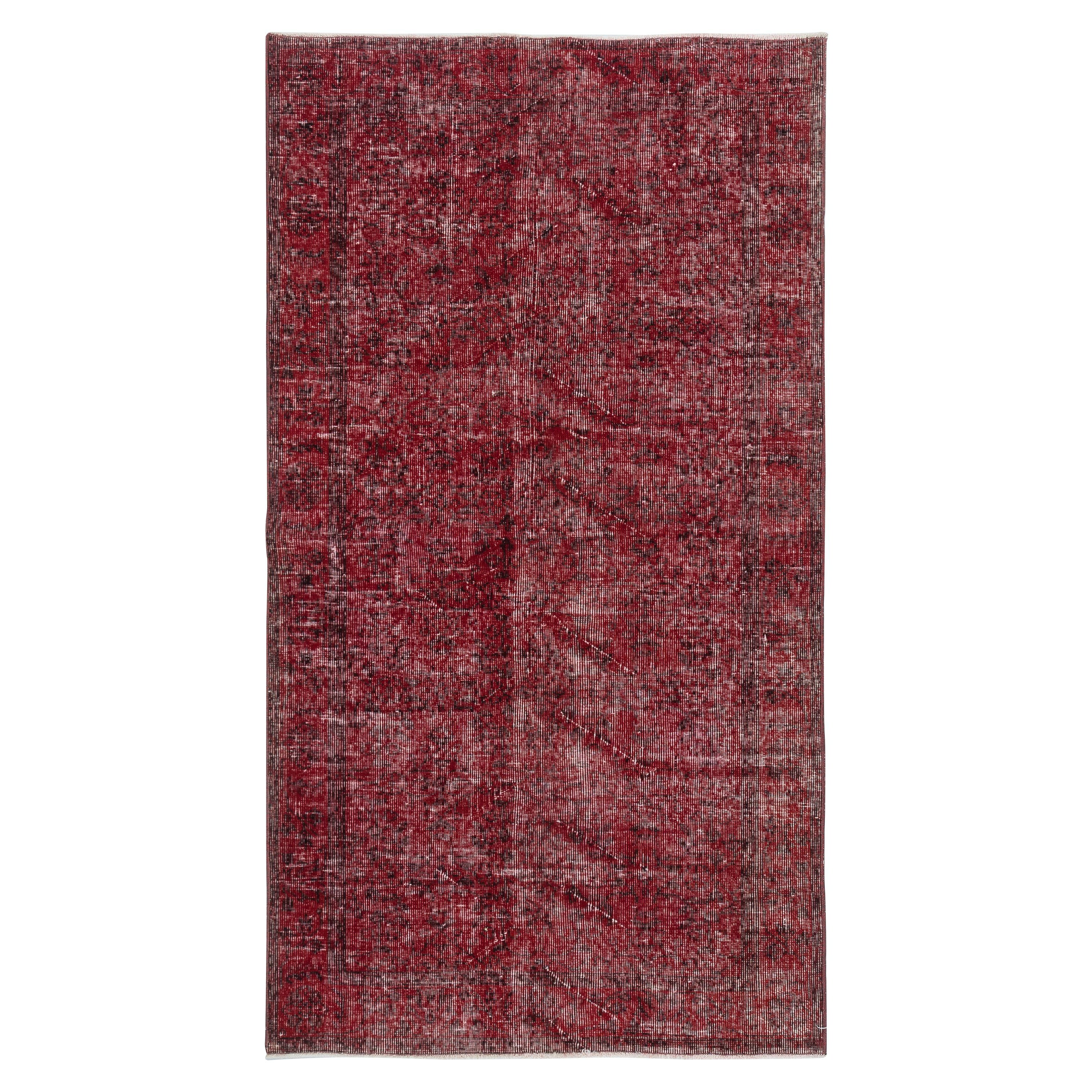 4x7 Ft Vintage Turkish area Rug redyed in Red Color for Modern Interiors