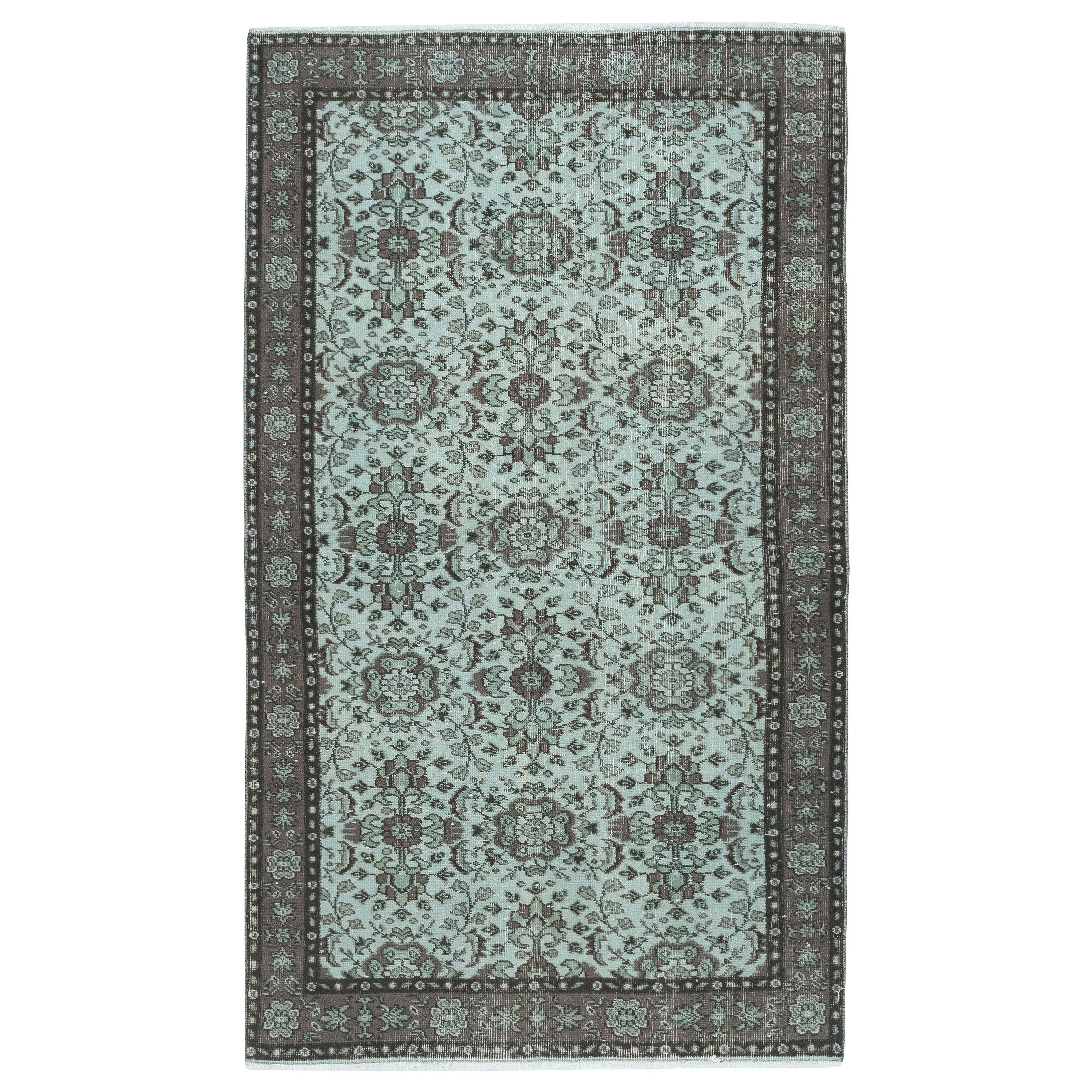 4x6.8 Ft Decorative Blue Color Handmade Turkish Wool Area Rug with Flower Design