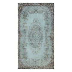 3.8x6.8 Ft Hellblauer Teppich im Medaillon-Design in Hellblau. Handgefertigter türkischer Akzentteppich