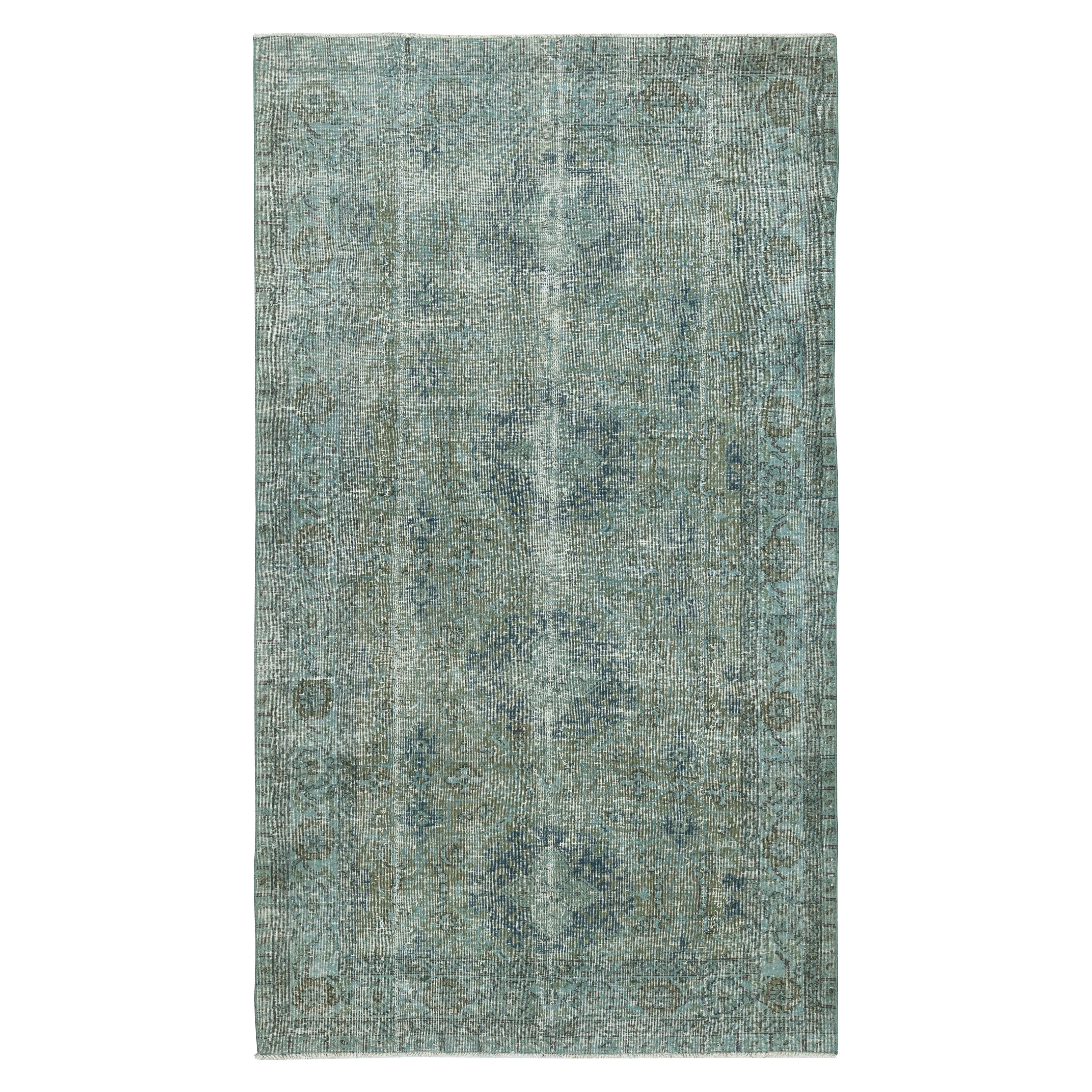 Türkischer 4,7x8.2 Ft Vintage-Teppich in Tealblau, rot getönt, für moderne Innenräume