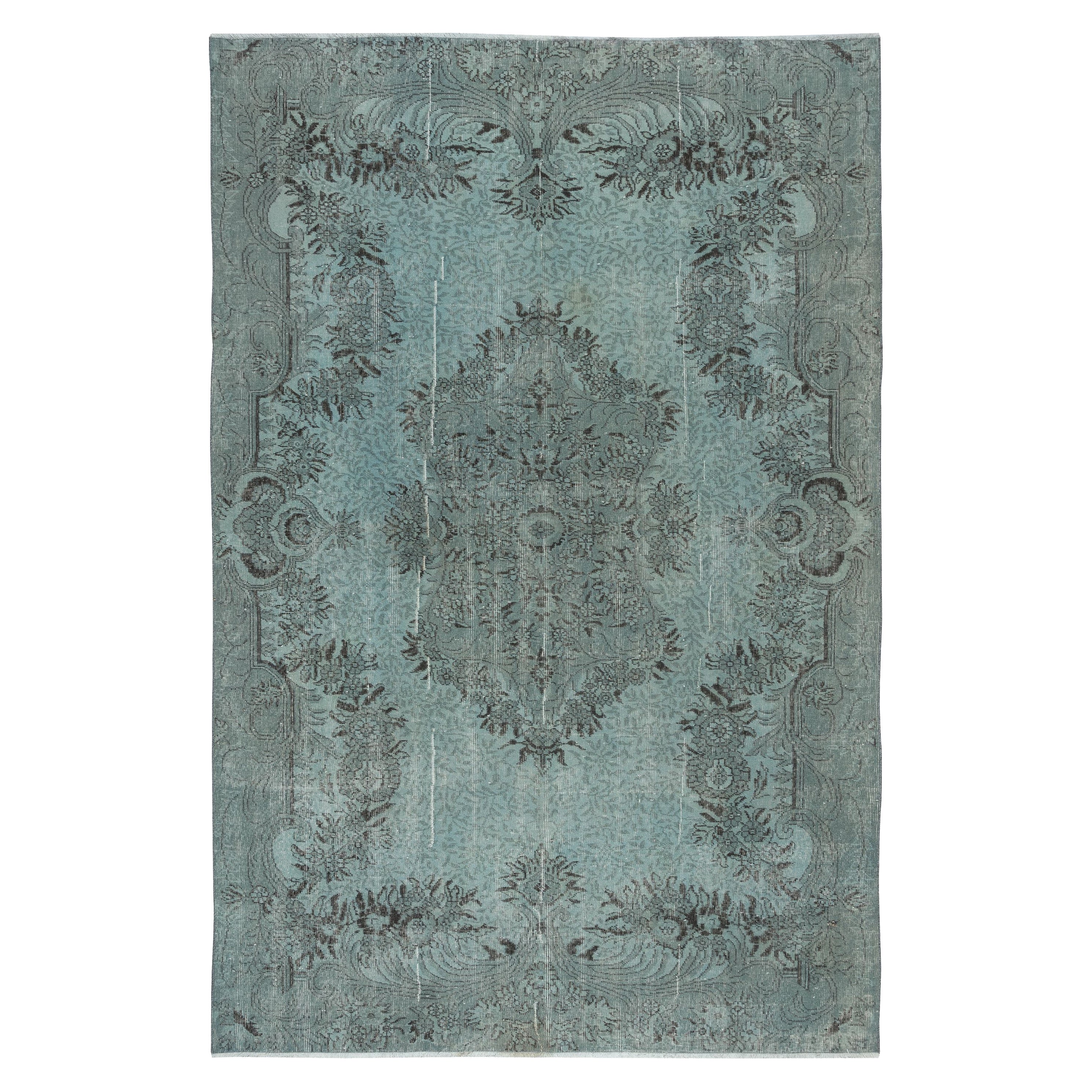 6.6x10 Ft Contemporary Hand Knotted Turkish Area Rug Re-Dyed in Light Blue Color