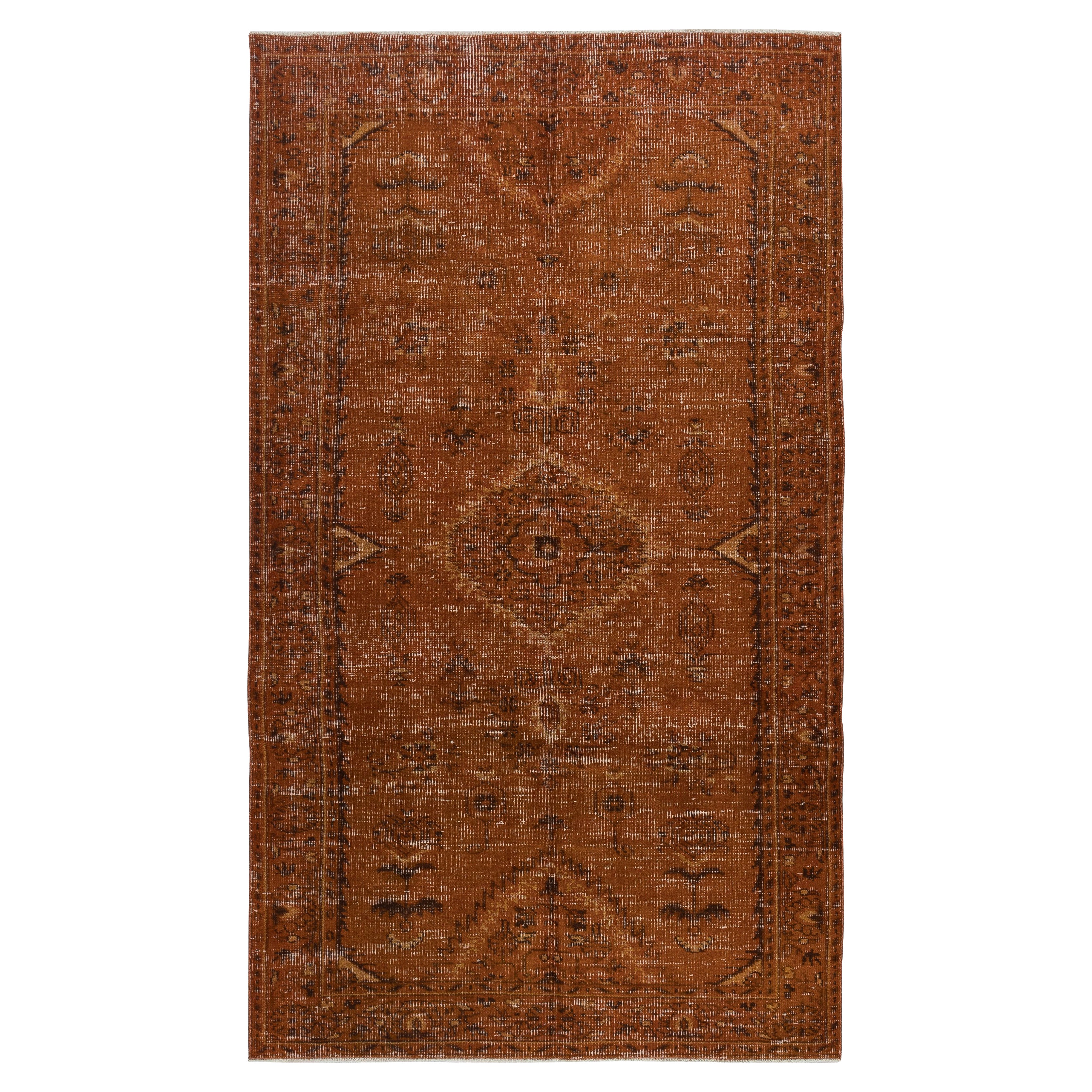5x8.7 Ft Vintage Turkish Area Rug redyed in Orange Color for modern interiors
