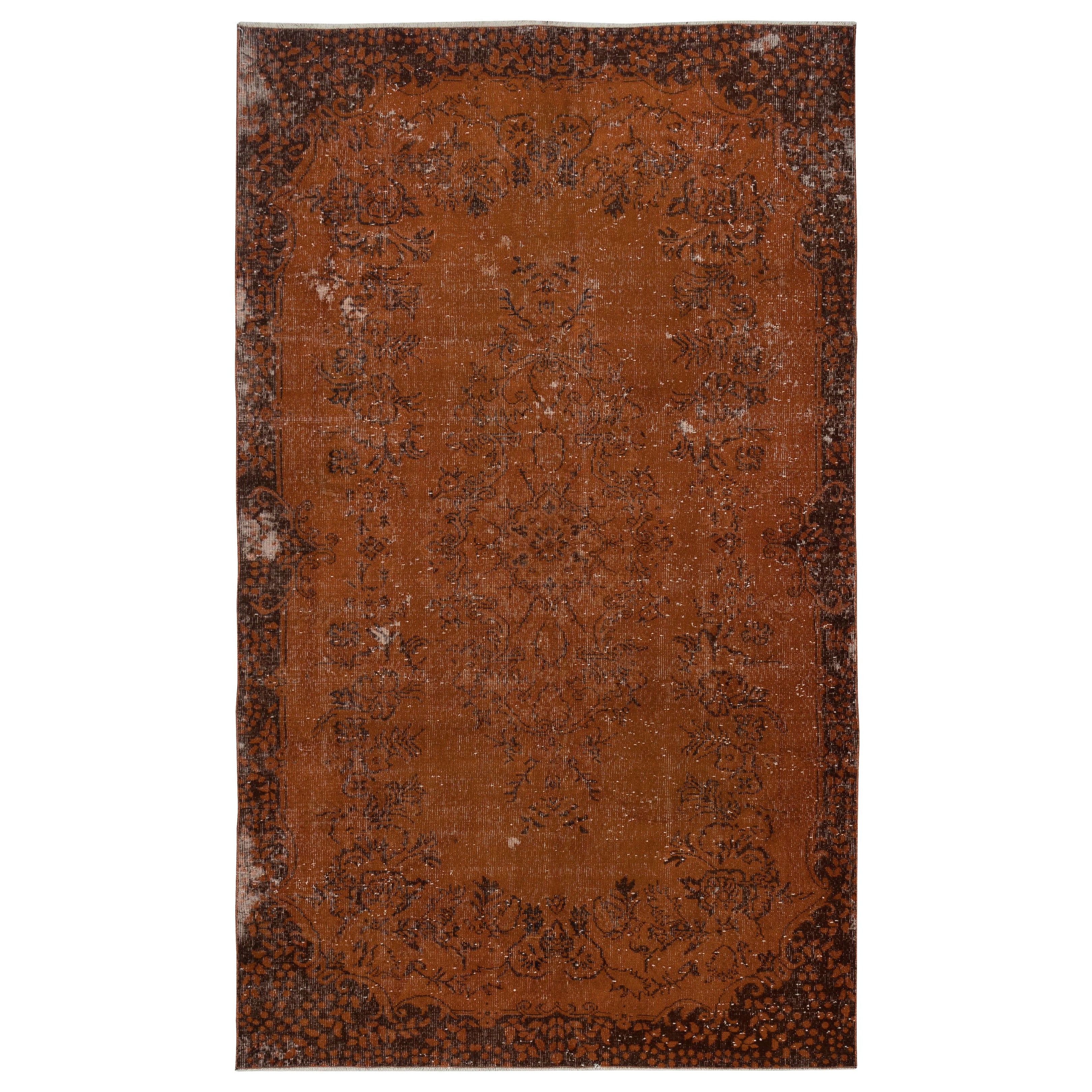 5.6x9.4 Ft Distressed Handmade Turkish Wool Area Rug Re-Dyed in Orange Color