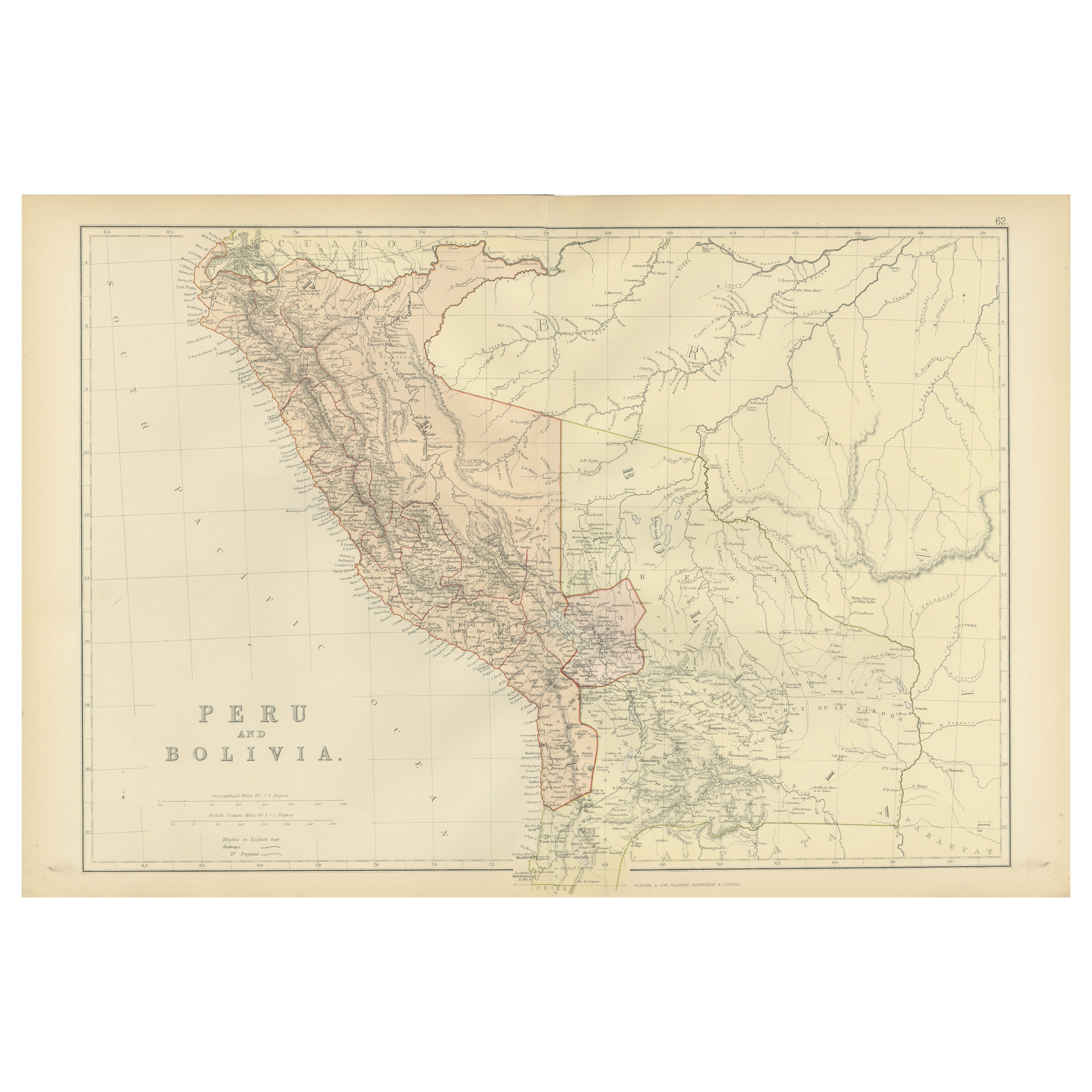 Antike Karte von Peru und Bolivien aus dem Jahr 1882: Andengebirge und Amazonasflüsse
