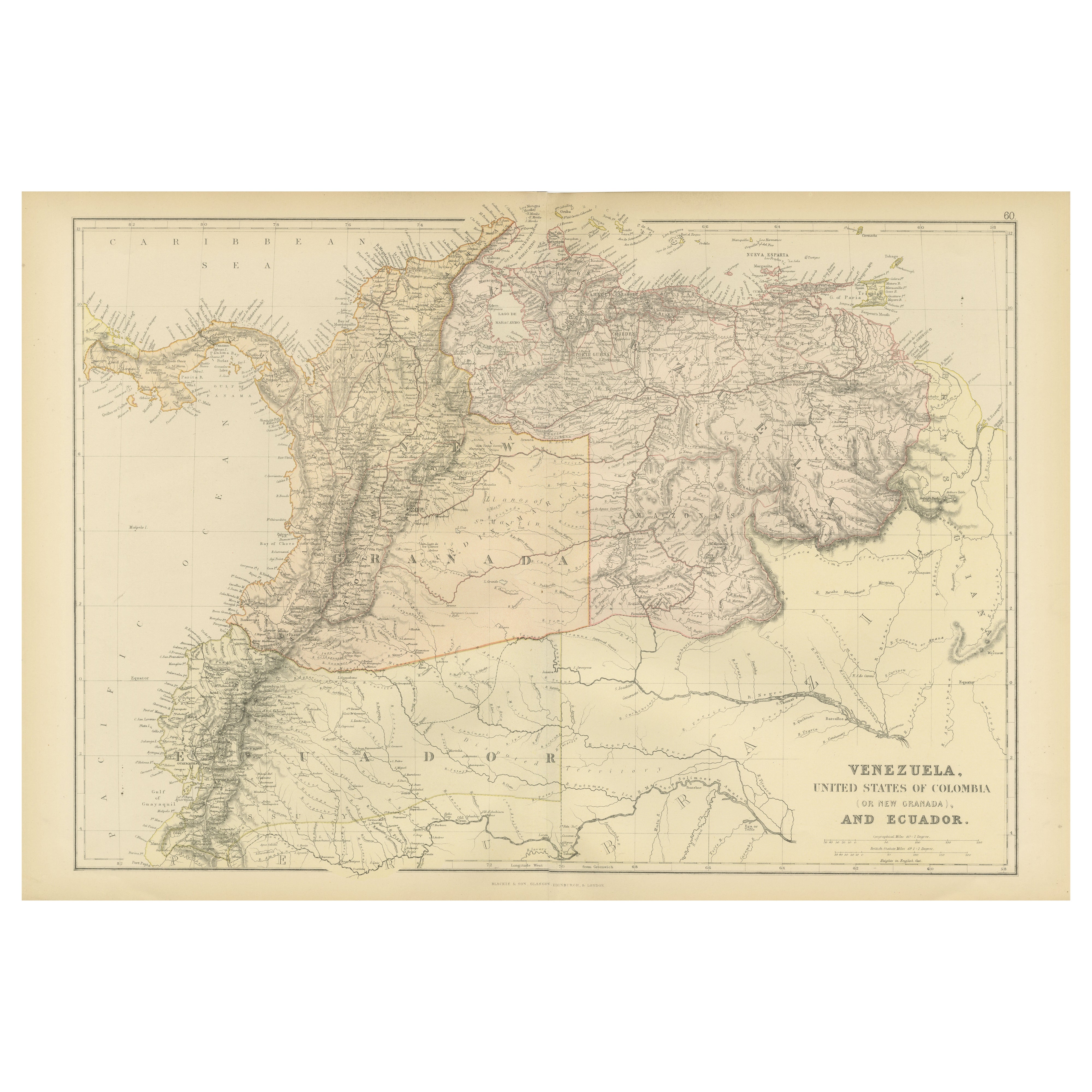 Mapa antiguo de 1882 de Venezuela, Colombia (Nueva Granada) y Ecuador en venta