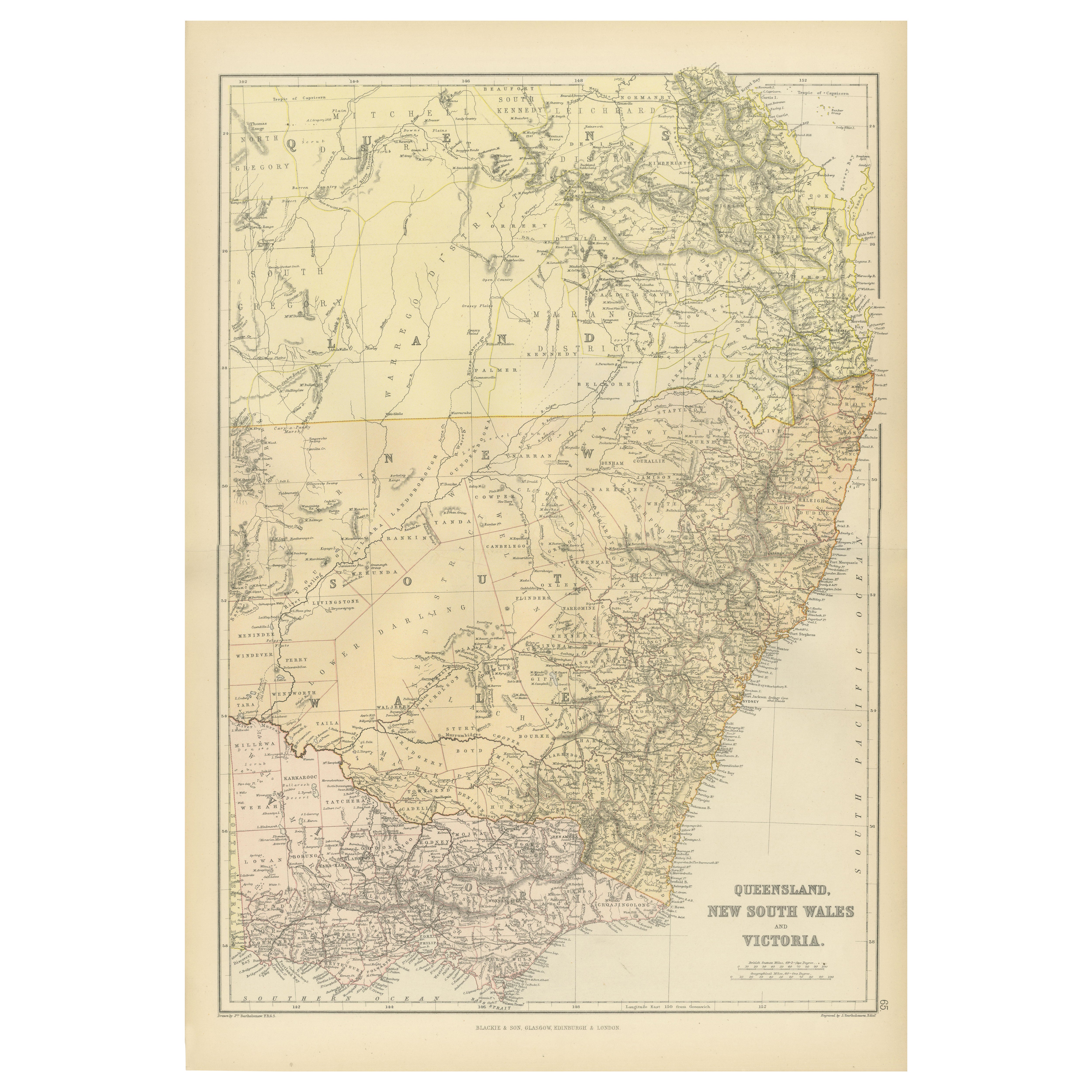 Mapa de Queensland, Nueva Gales del Sur y Victoria de 1882 con características detalladas