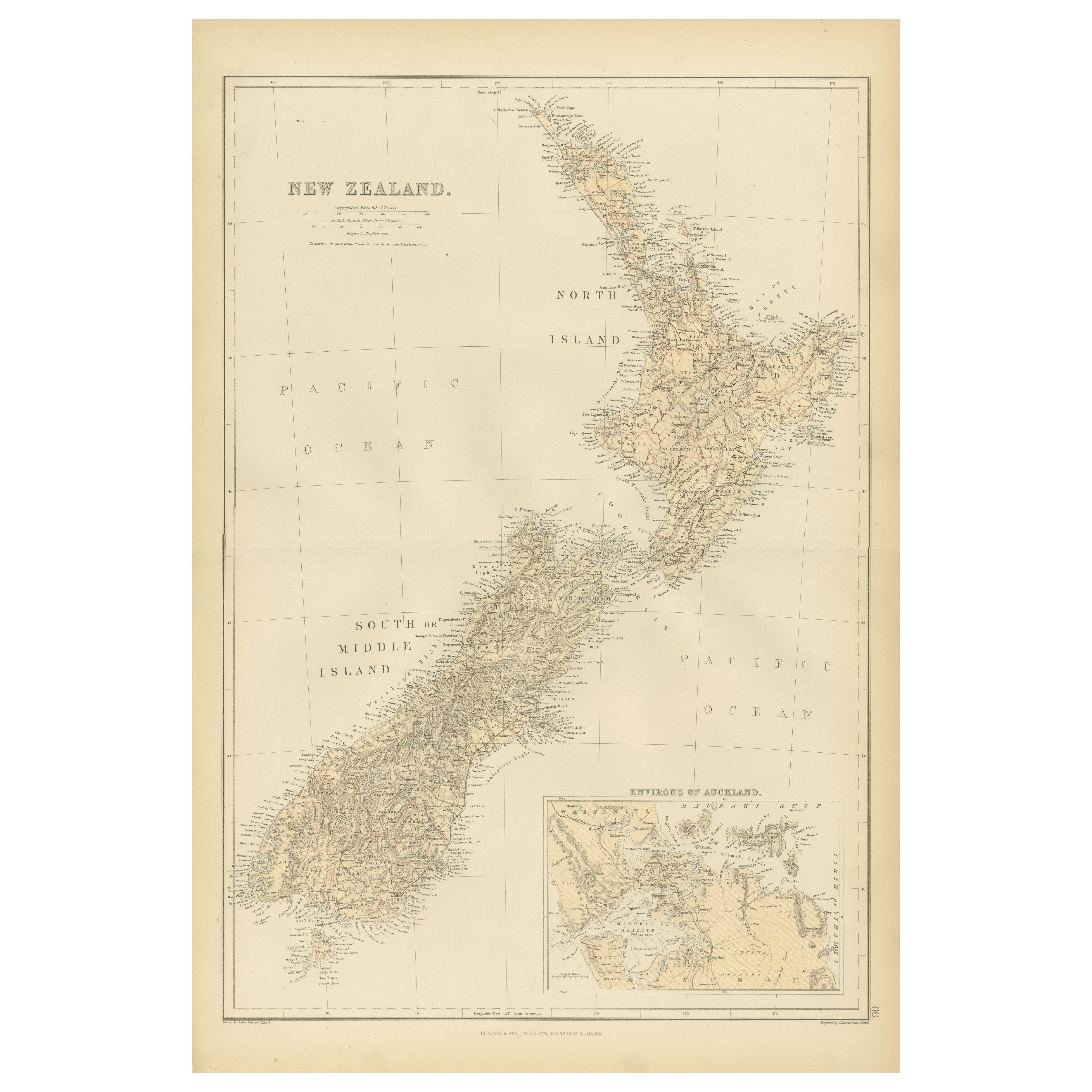 1882 Original Antique Map of New Zealand with Inset of Auckland's Environs For Sale