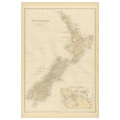1882 Original Antique Map of New Zealand with Inset of Auckland's Environs