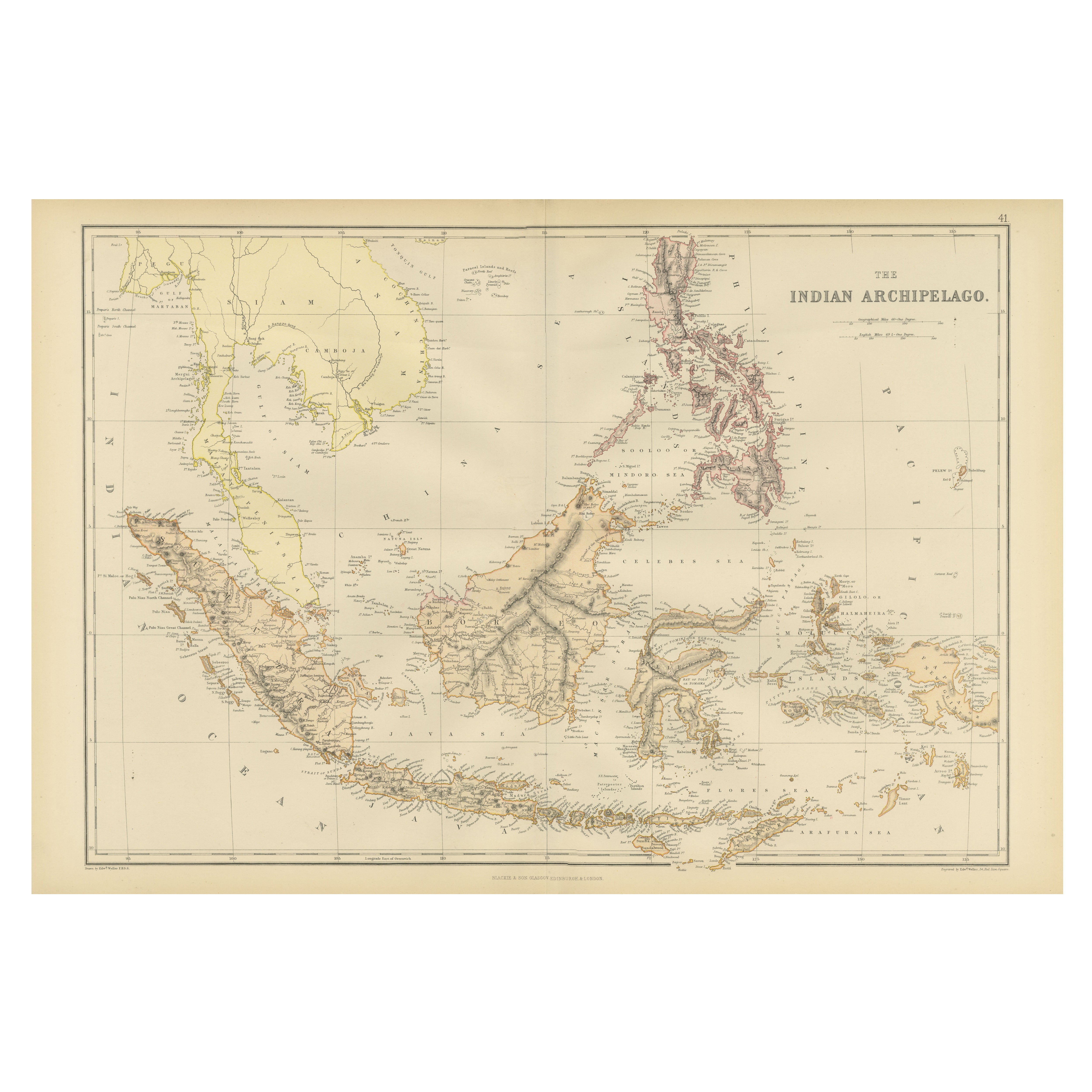 Mapa antiguo de 1882 del archipiélago indio que muestra el Southeast Asia en detalle en venta