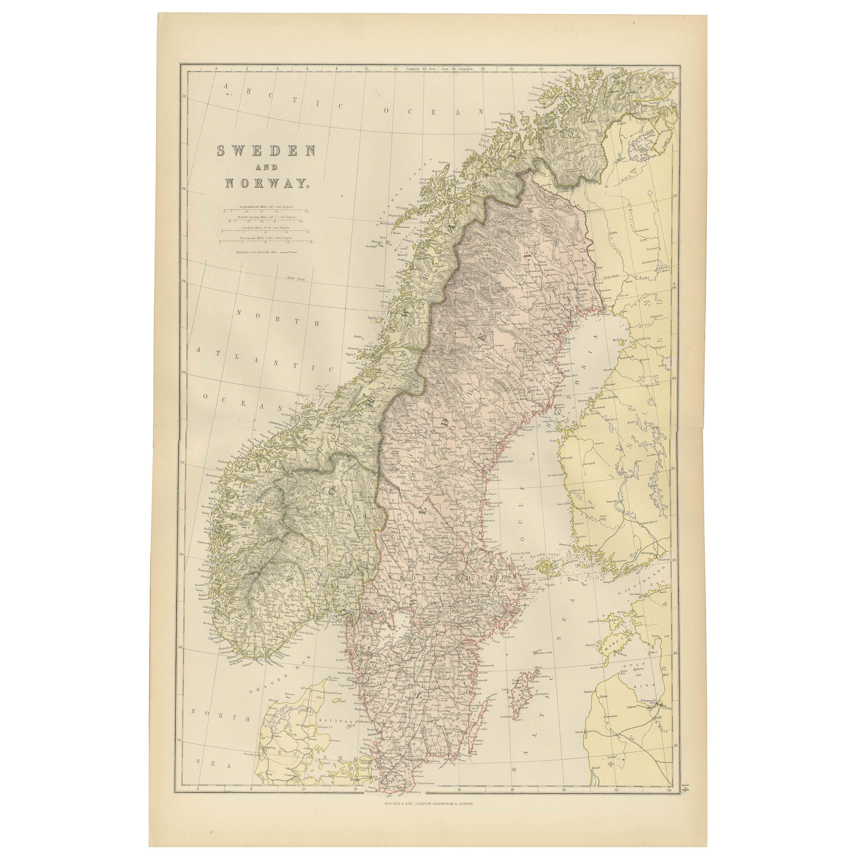 1882 Karte von Schweden und Norwegen mit geografischen und politischen Merkmalen
