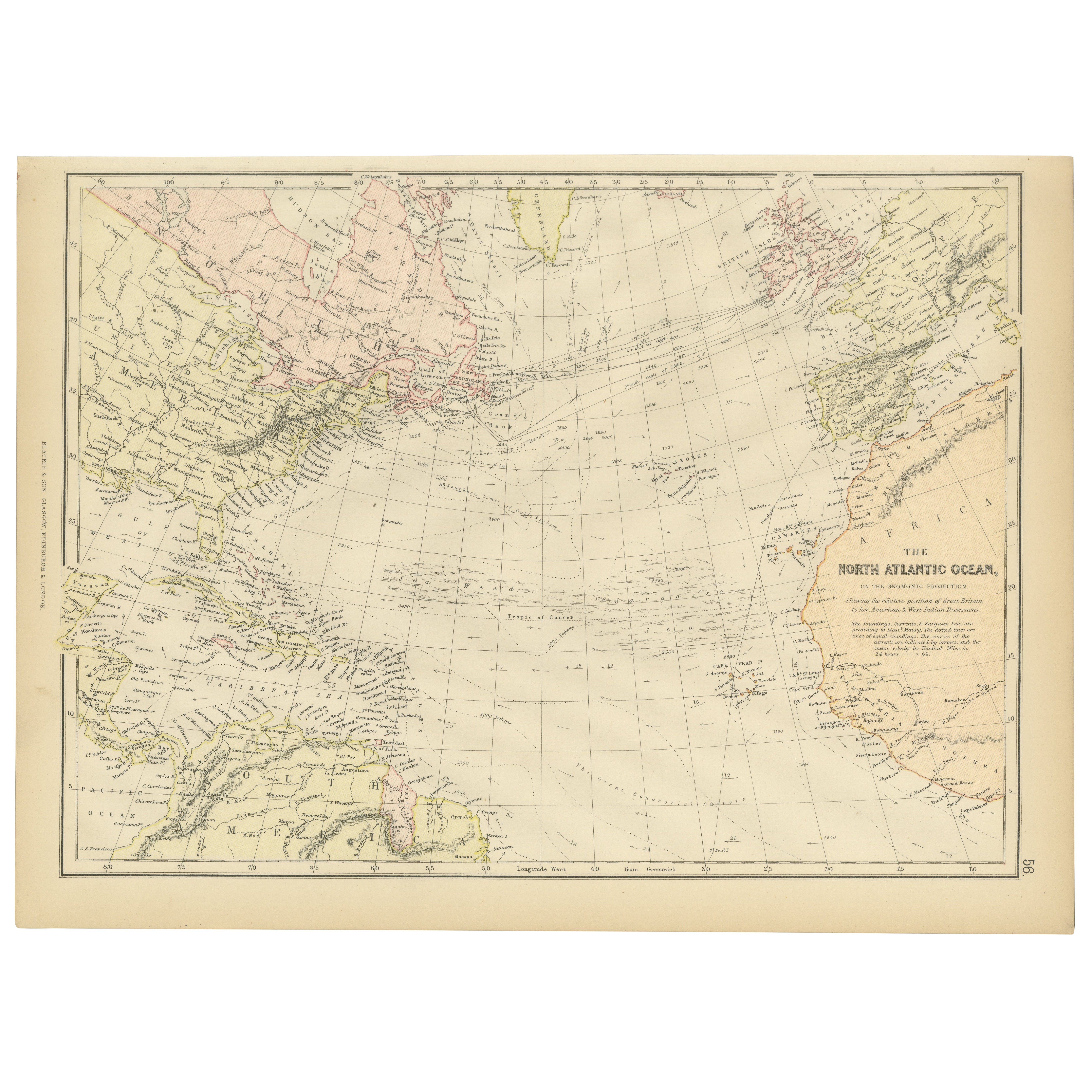 Mapa de 1882 del Océano Atlántico Norte que muestra el trazado de los cables y los vientos alisios