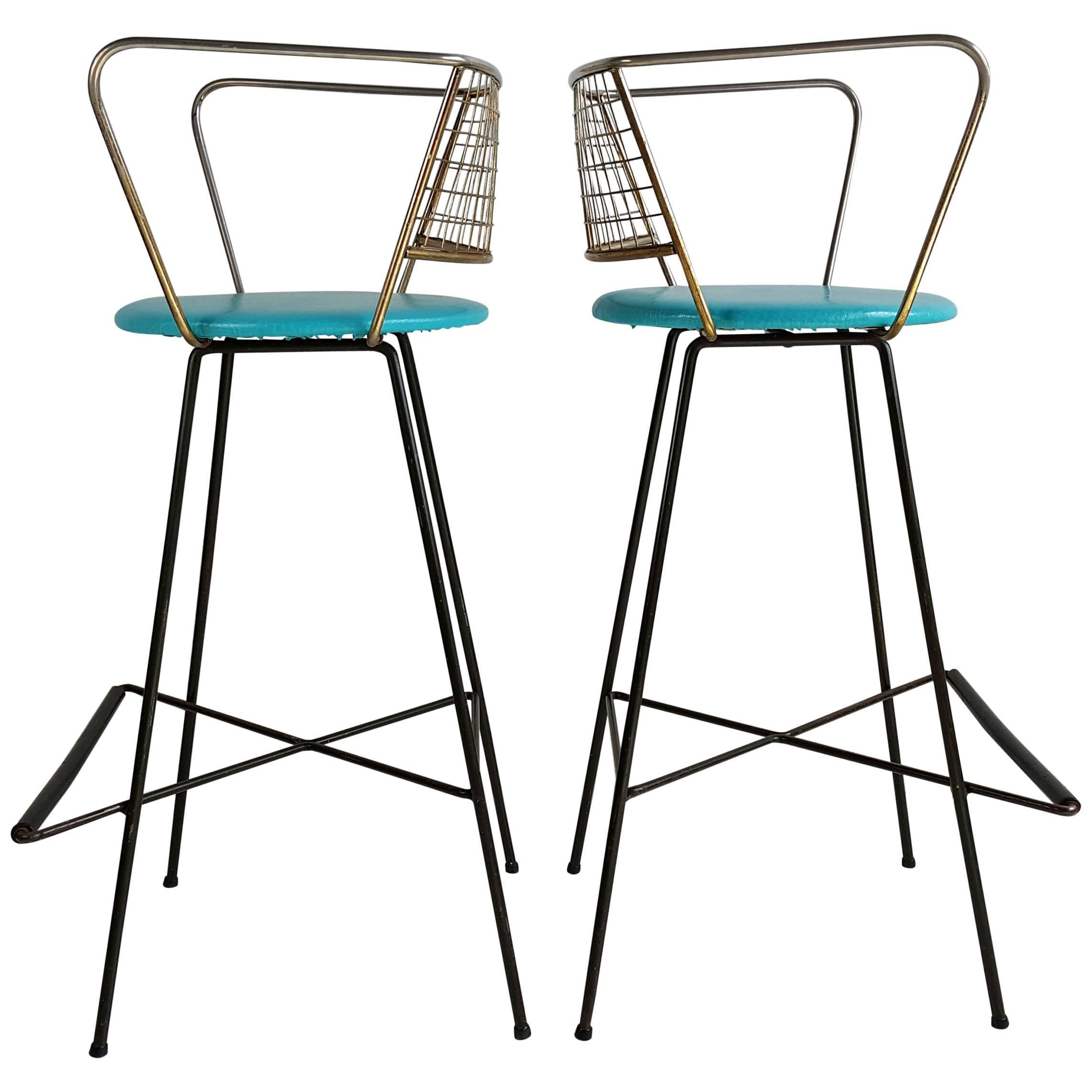 Pair Mid-Century Modern Wire and Brass Bar Stools