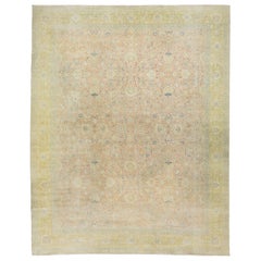 Oversize  Antico tappeto persiano in lana Tabriz in tan e verde con disegno floreale