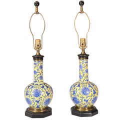 Pair of Chinese Yellow Ground Blue Underglaze Lamps