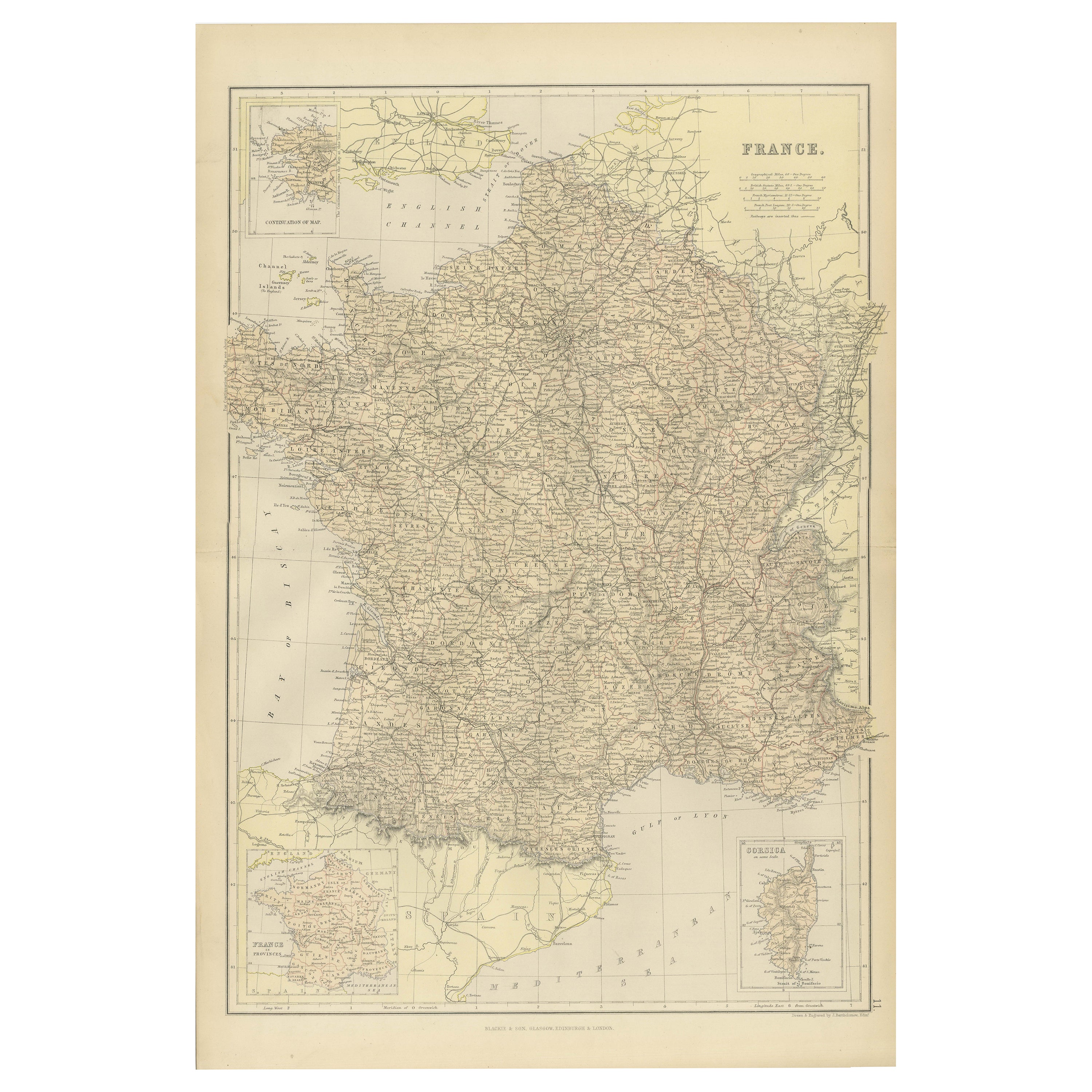1882 Karte von Frankreich mit politischen Grenzen, Städten und Einschnitten aus Korsika