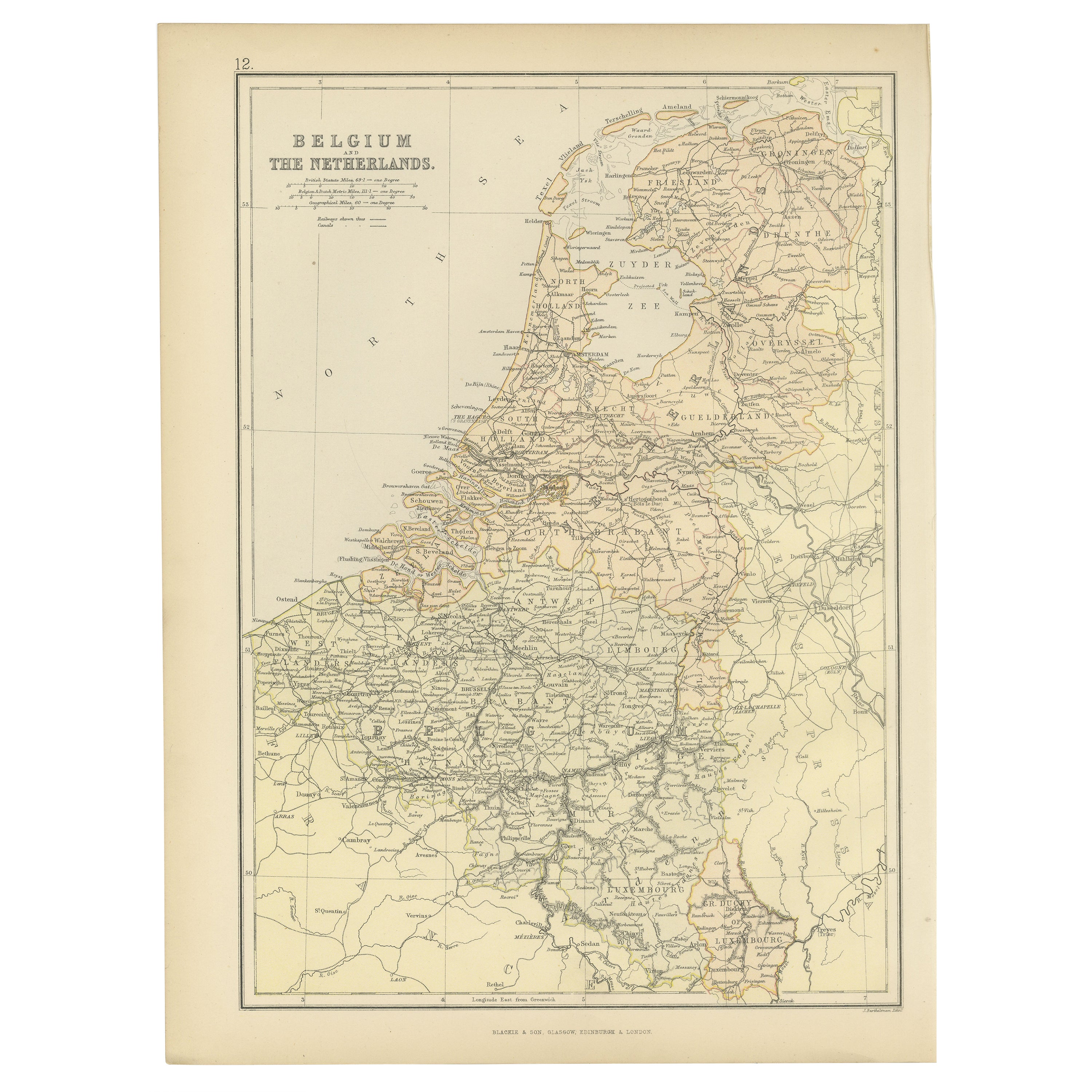 1882 Karte von Belgien und den Niederlanden Highlighting geografische Details