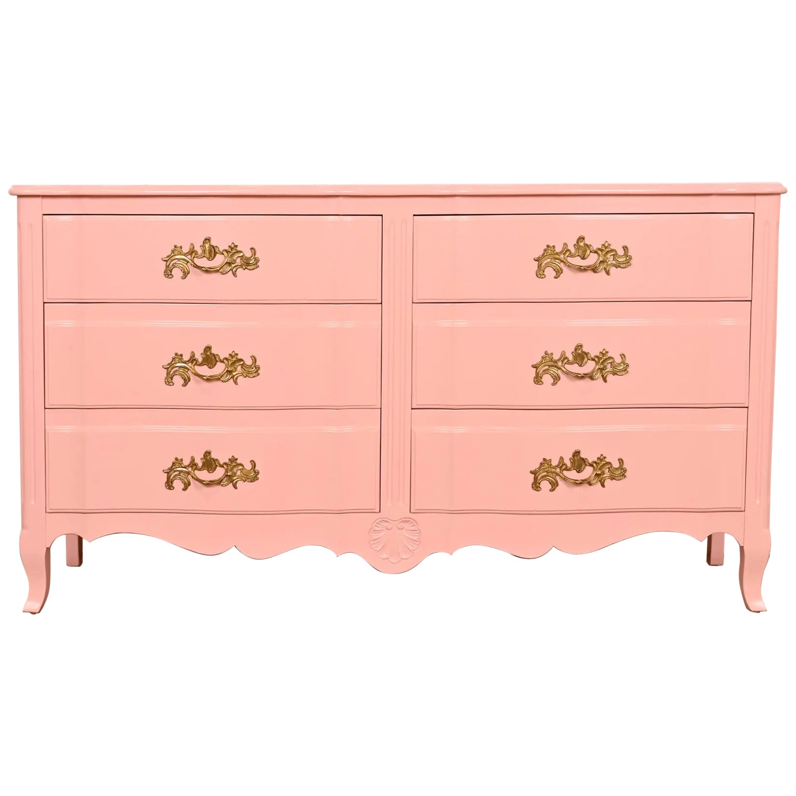 John Widdicomb French Provincial Louis XV Pink Lacquered Six-Drawer Dresser