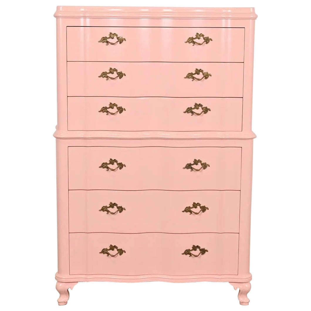 John Widdicomb French Provincial Louis XV Pink Lacquered Highboy Dresser