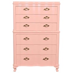 John Widdicomb Rosa lackierte Highboykommode im französischen Louis-XV-Stil, Französische Provence