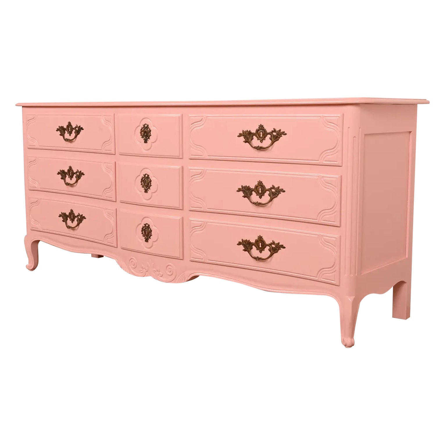 Baker Furniture French Provincial Louis XV Pink Lacquered Nine-Drawer Dresser For Sale