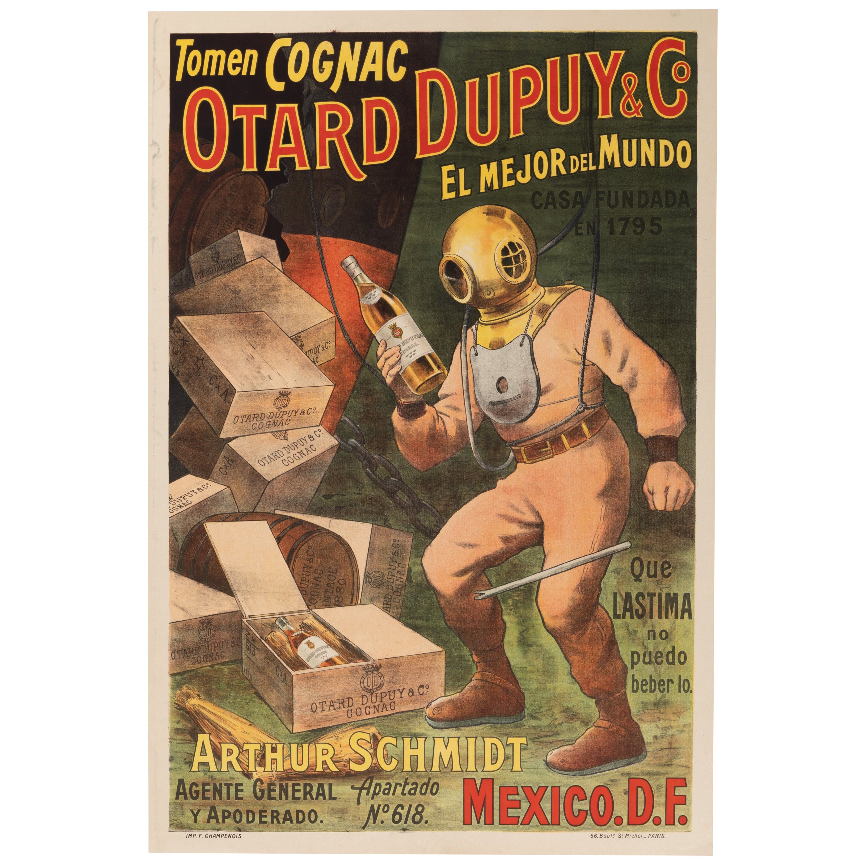 Original-Vintage-Poster, Cognac Otard, Likör, Diver, Wrack unter Wasser, 1910