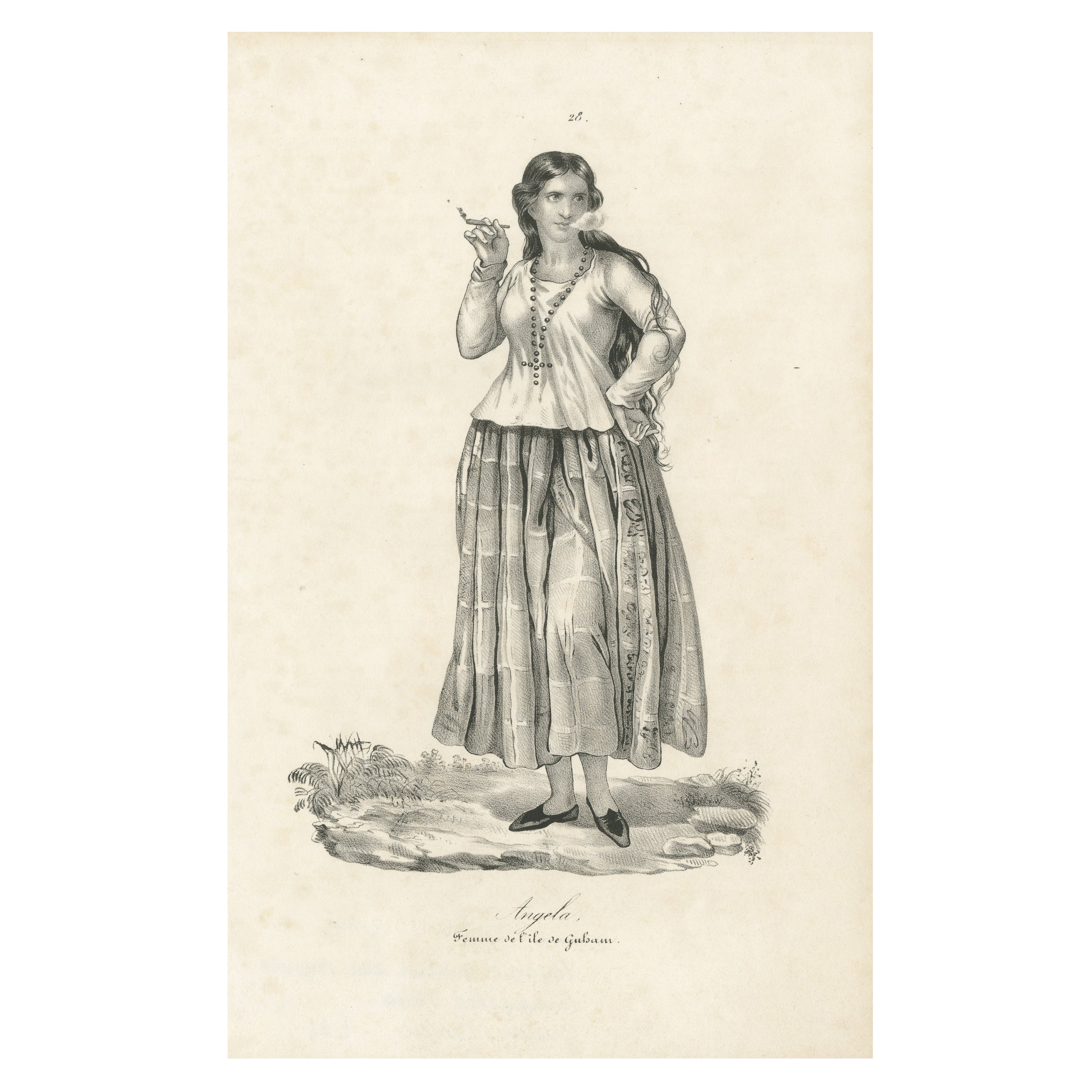 19th Century Guam Costume Lithograph – Angela, Smoking Woman from Gubam Island