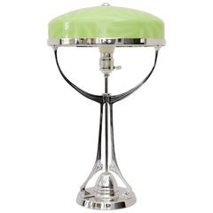 Art Deco Table Lamp Nickel-Plated with Green Opaline Glass Shade