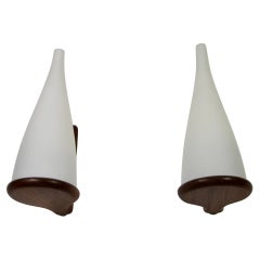 Teak and Opaline Glass Wall Lamps by Uno & Östen Kristiansson for Luxus Sweden