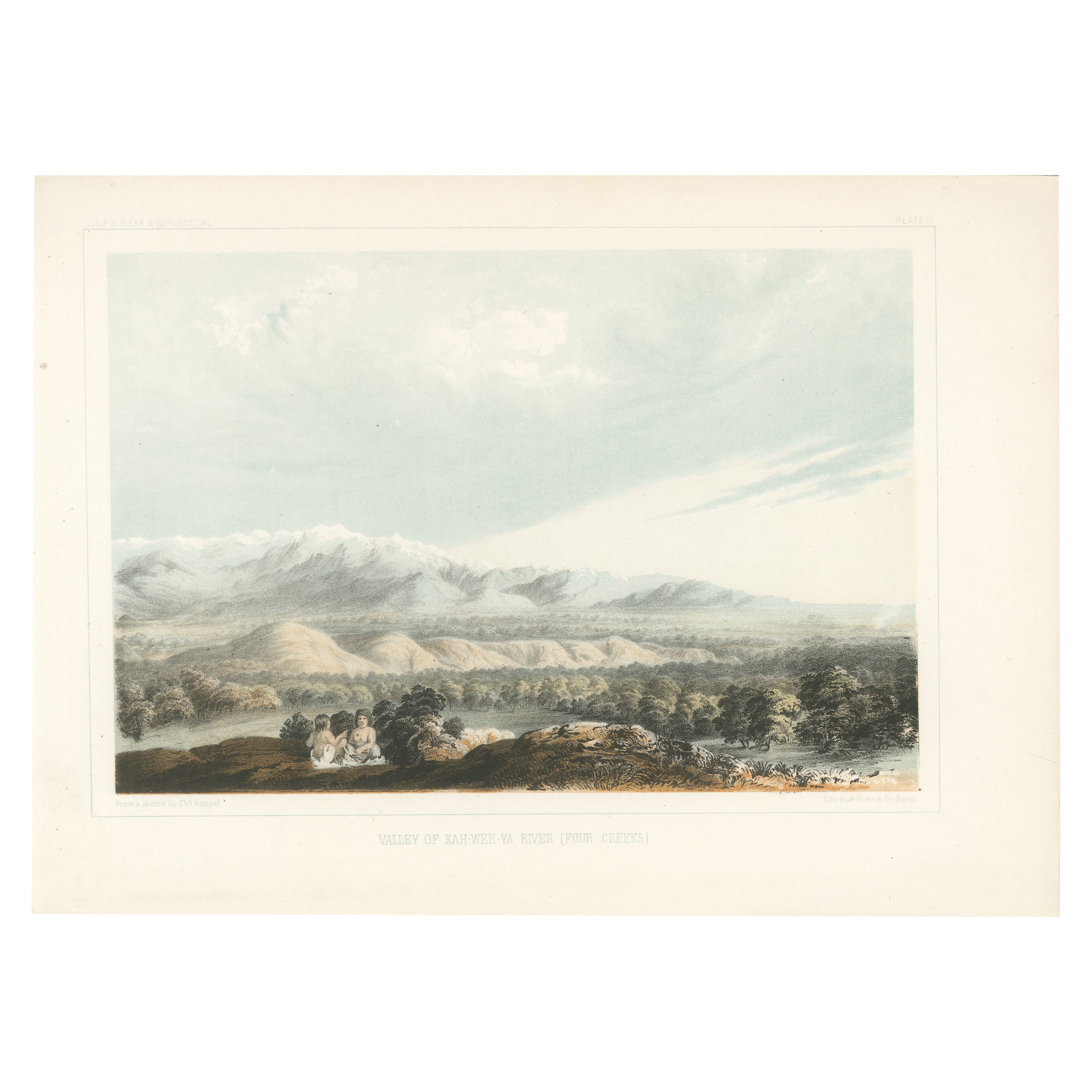 Valle panorámico del río Kah-Wee-Ya con fondo montañoso en California, 1856