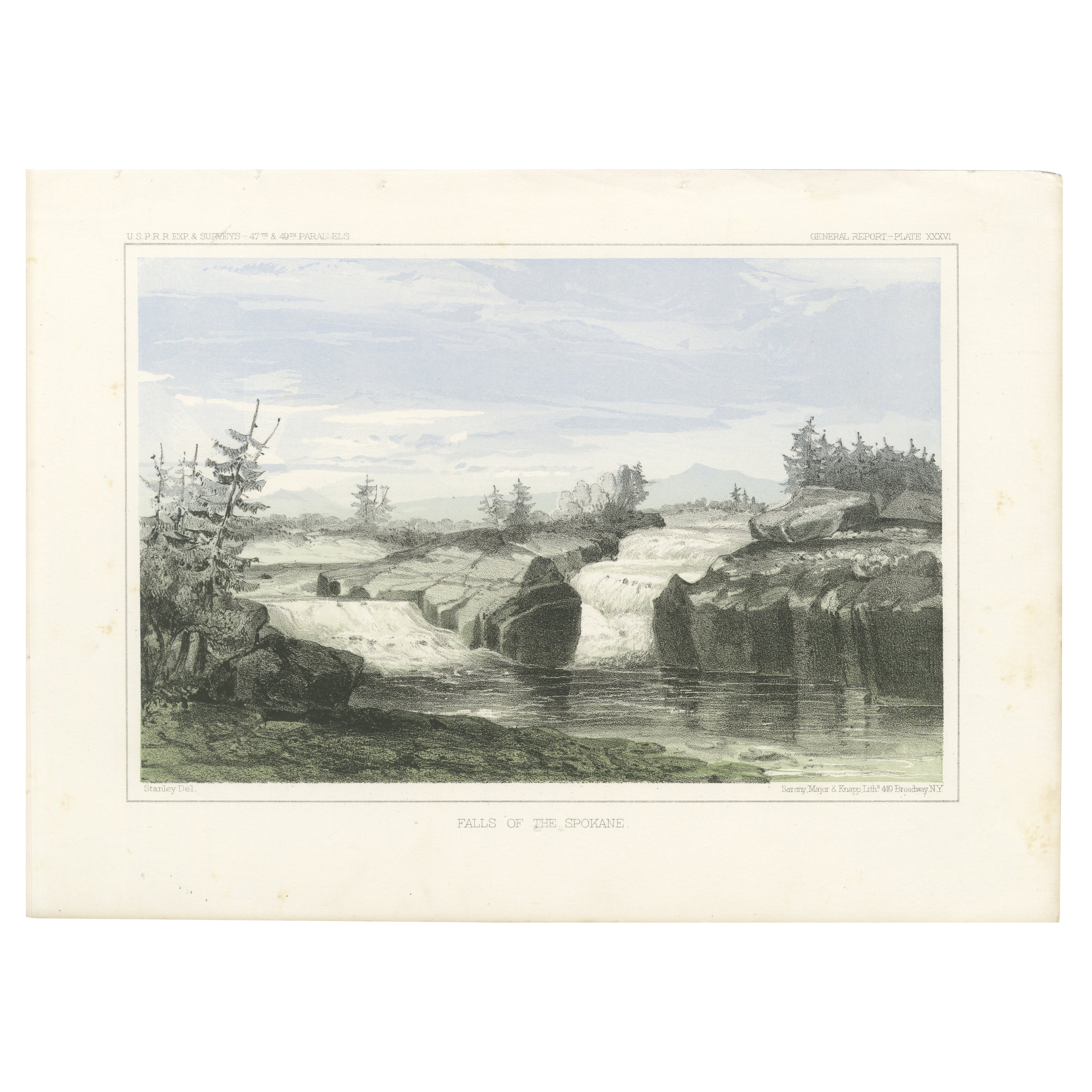 Vista de las cataratas de Spokane - Un paisaje histórico del estado de Washington, litografía de 1856