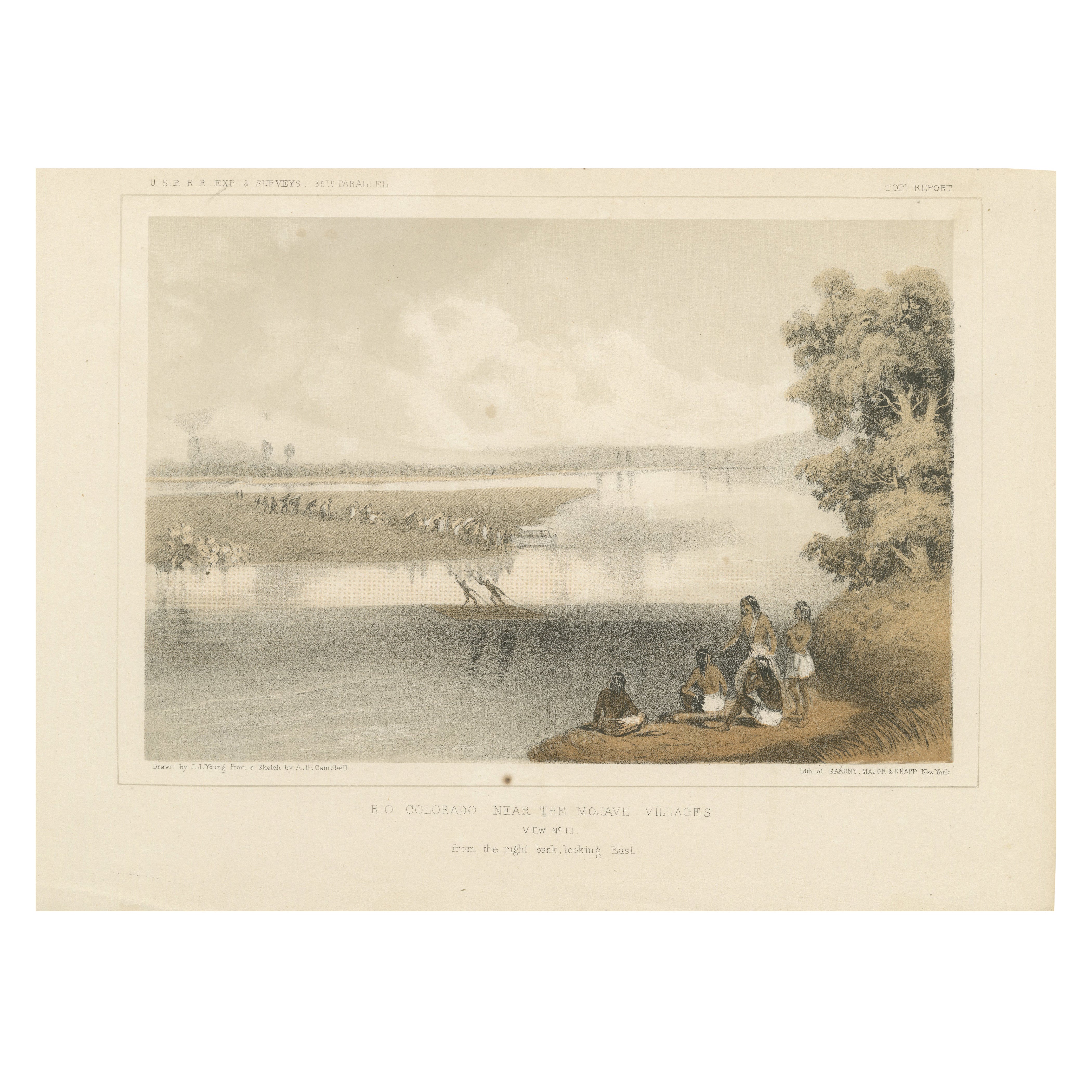 Vista tranquilla del fiume Colorado vicino ai villaggi del Mojave, Arizona - 1856