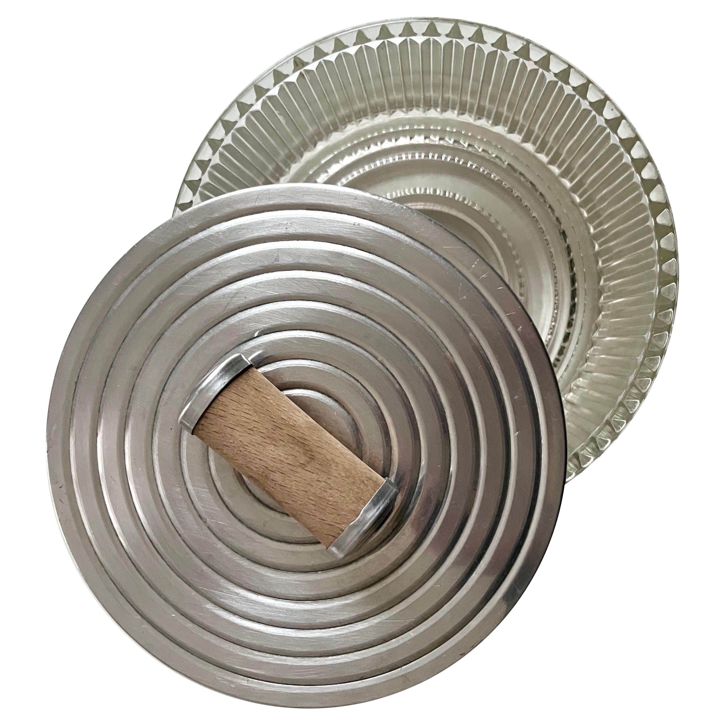 Joyero danés Art Decó de cristal y metal / Tarro decorativo con tapa, años 30